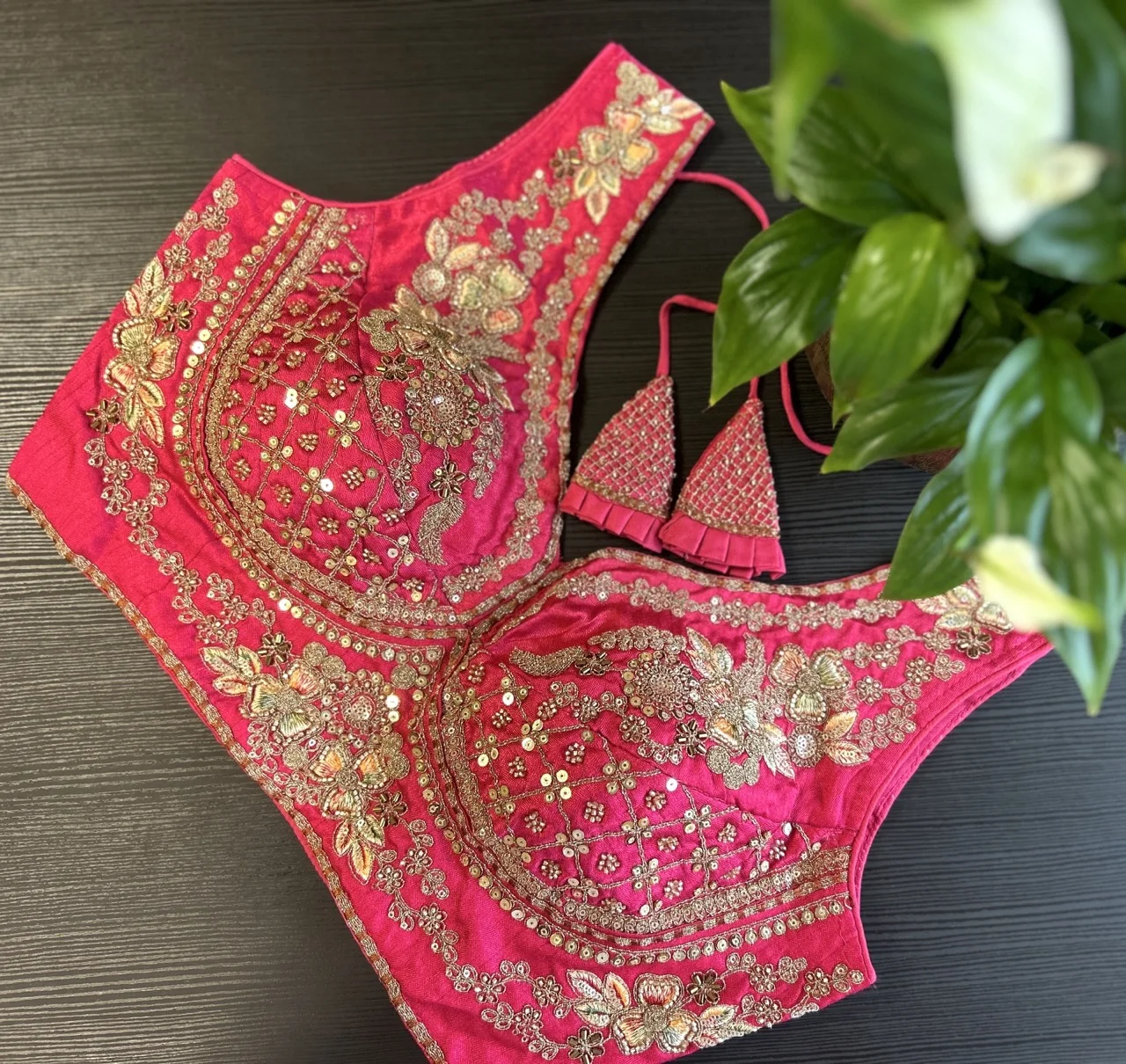  Hot Pink Heavily Embellished Blouse with Zari and Sequin Work