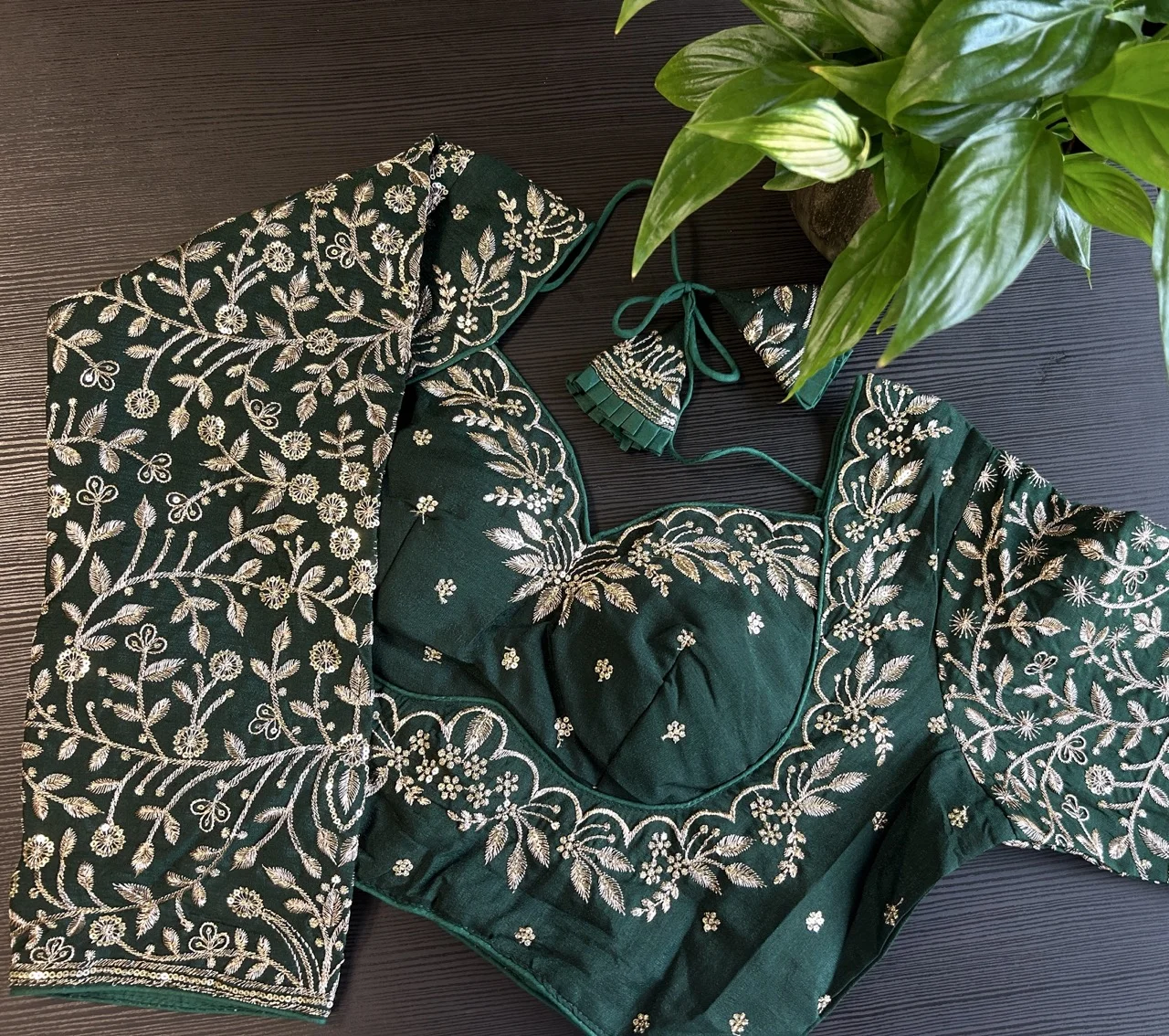 Dark Green Heavily Embellished Blouse with Gold Zari and Sequin Work - Image 2