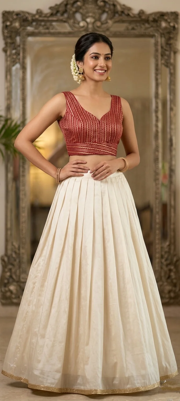 Red and Gold Striped Sleeveless Blouse with Embellished Tassels