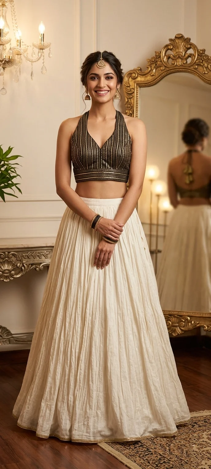 Black and Gold Striped Sleeveless Blouse with Embellished Tassels