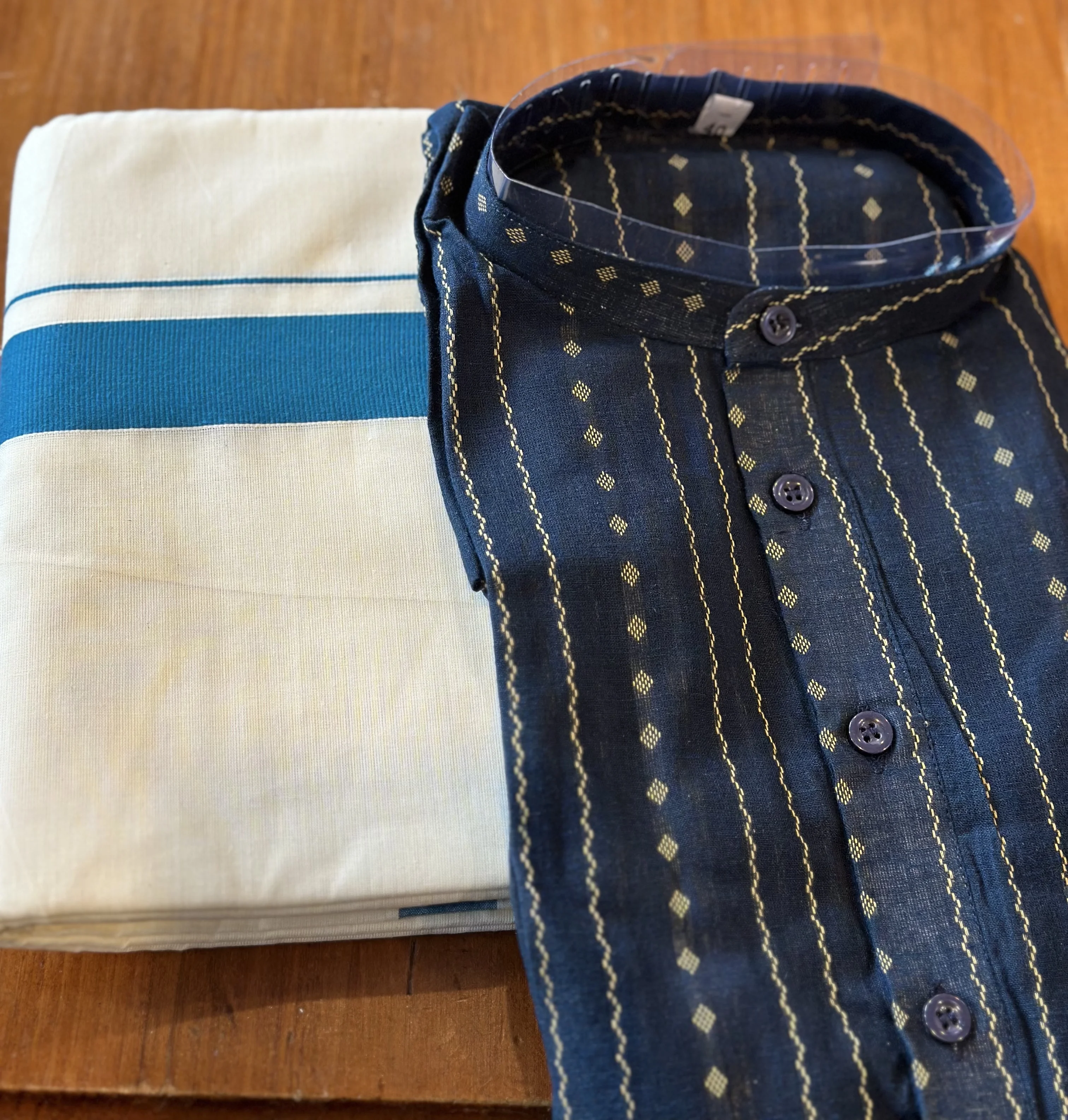 Blue and Gold Printed Kurta with White and Blue Striped Mundu - Image 2