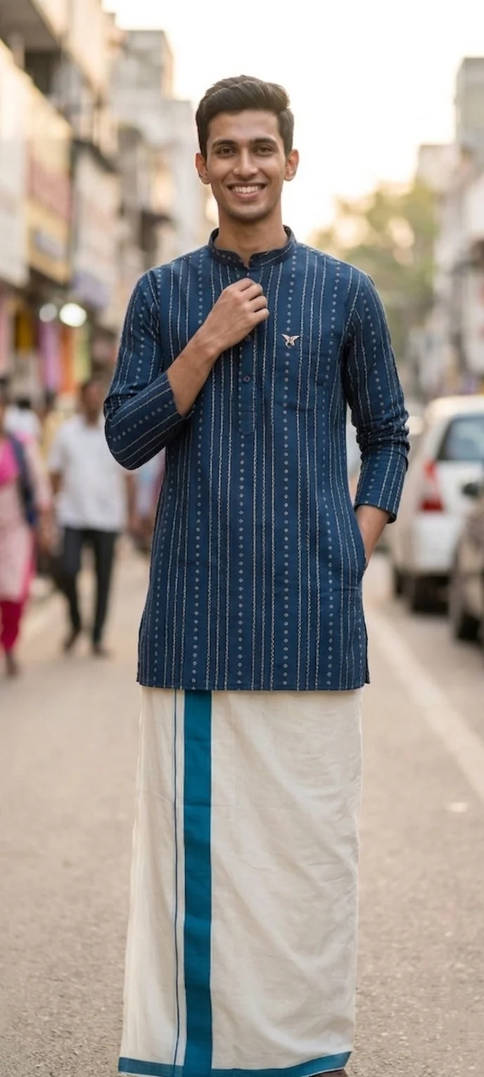 Blue and Gold Printed Kurta with White and Blue Striped Mundu