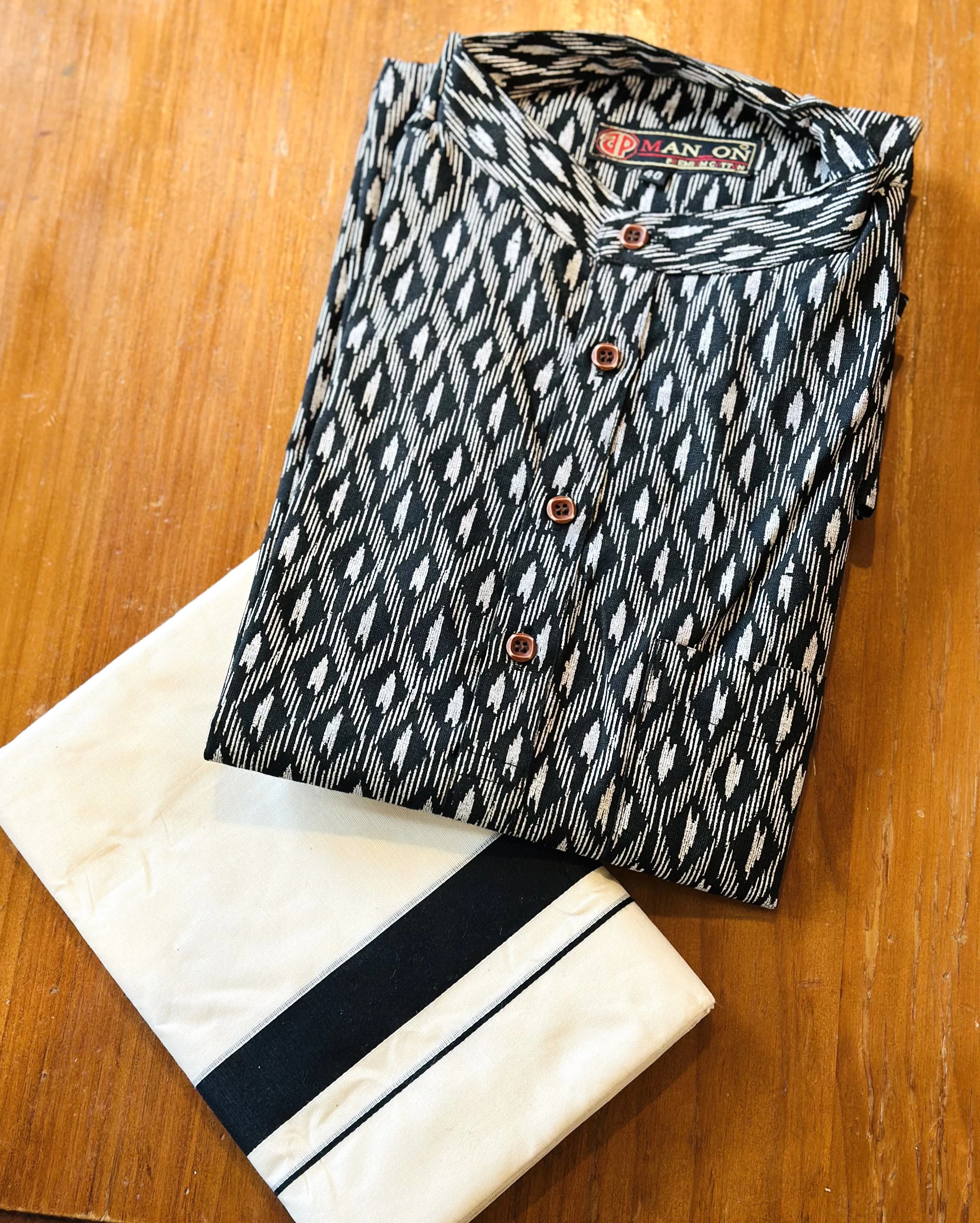  Black and White Ikat Print Kurta with White and Black Striped Mundu