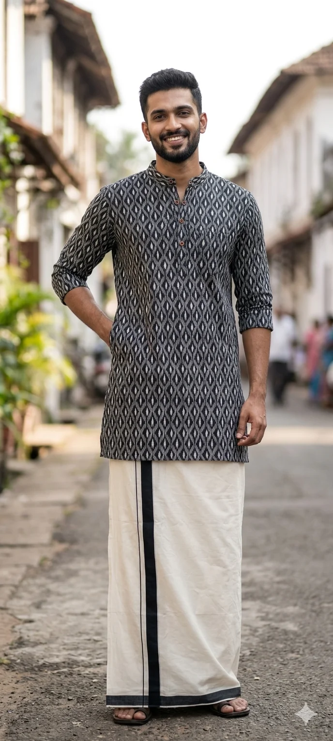  Black and White Ikat Print Kurta with White and Black Striped Mundu