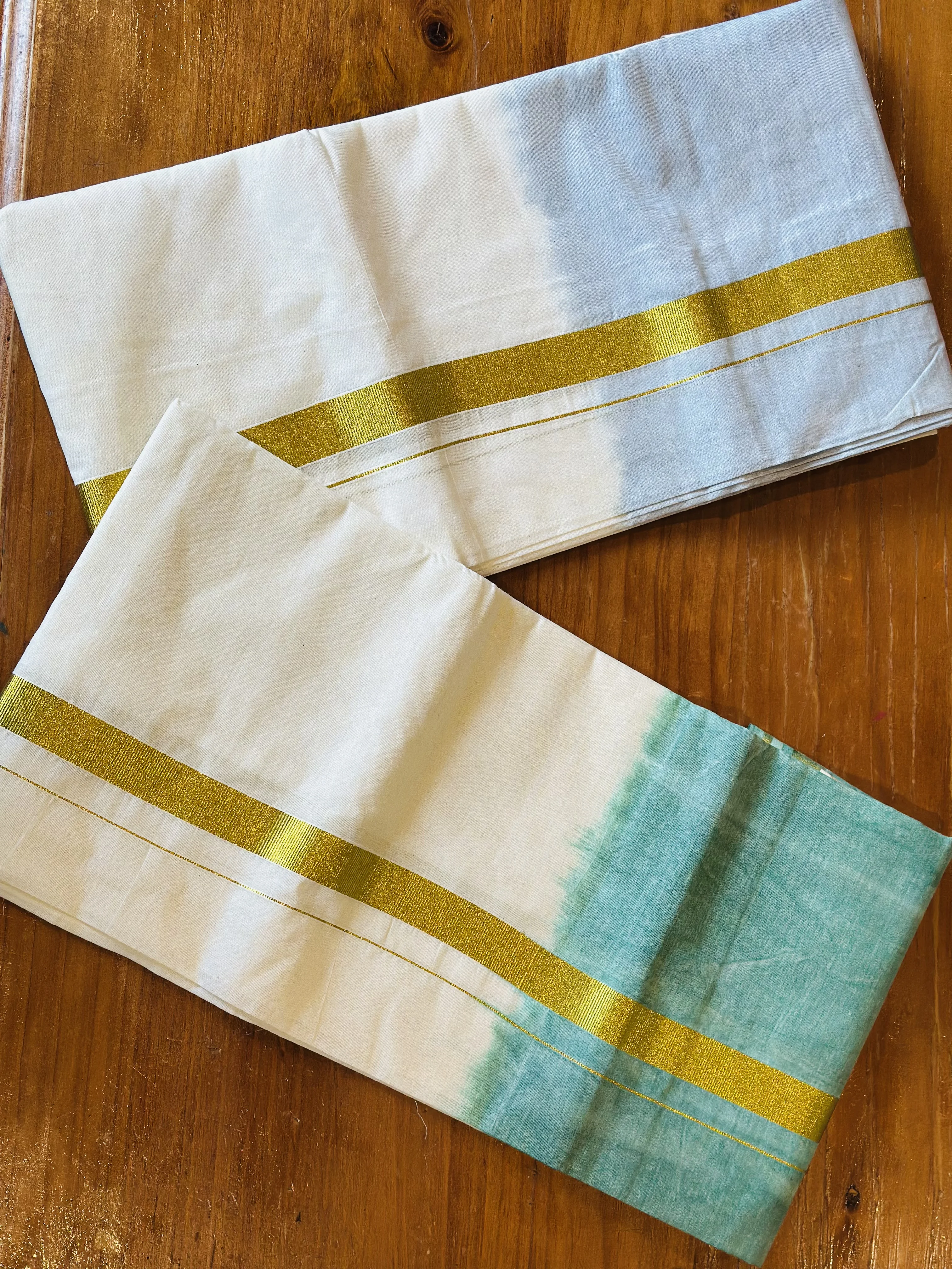 White and Teal Kasavu Mundu with Gold Zari Border - Image 2