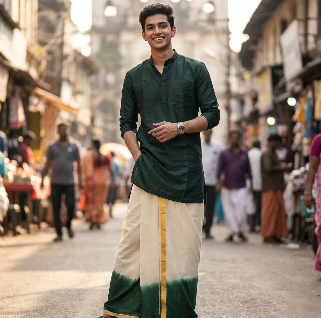 White and Teal Kasavu Mundu with Gold Zari Border. Mundu only