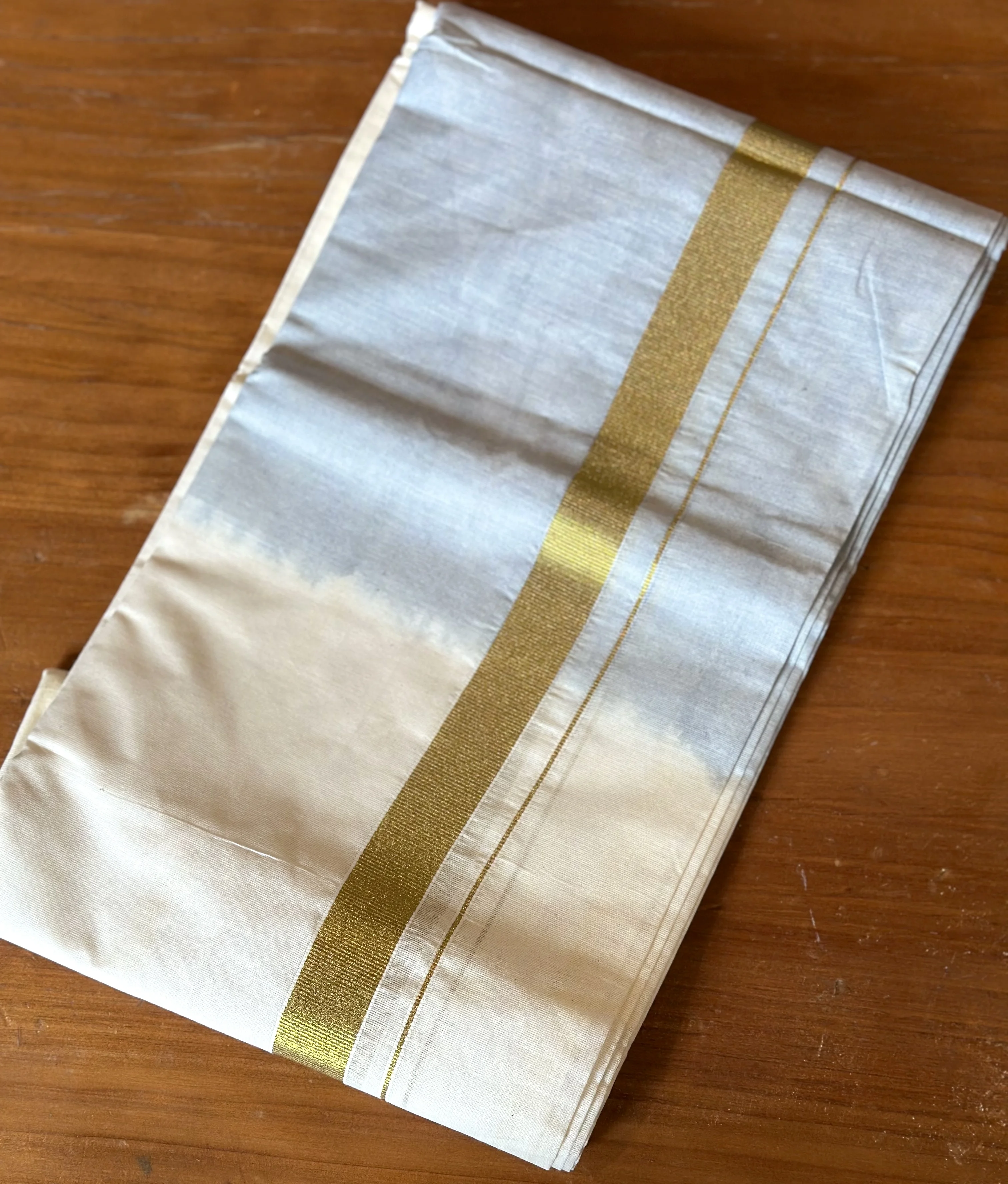 White and Grey Kasavu Mundu with Gold Zari Border