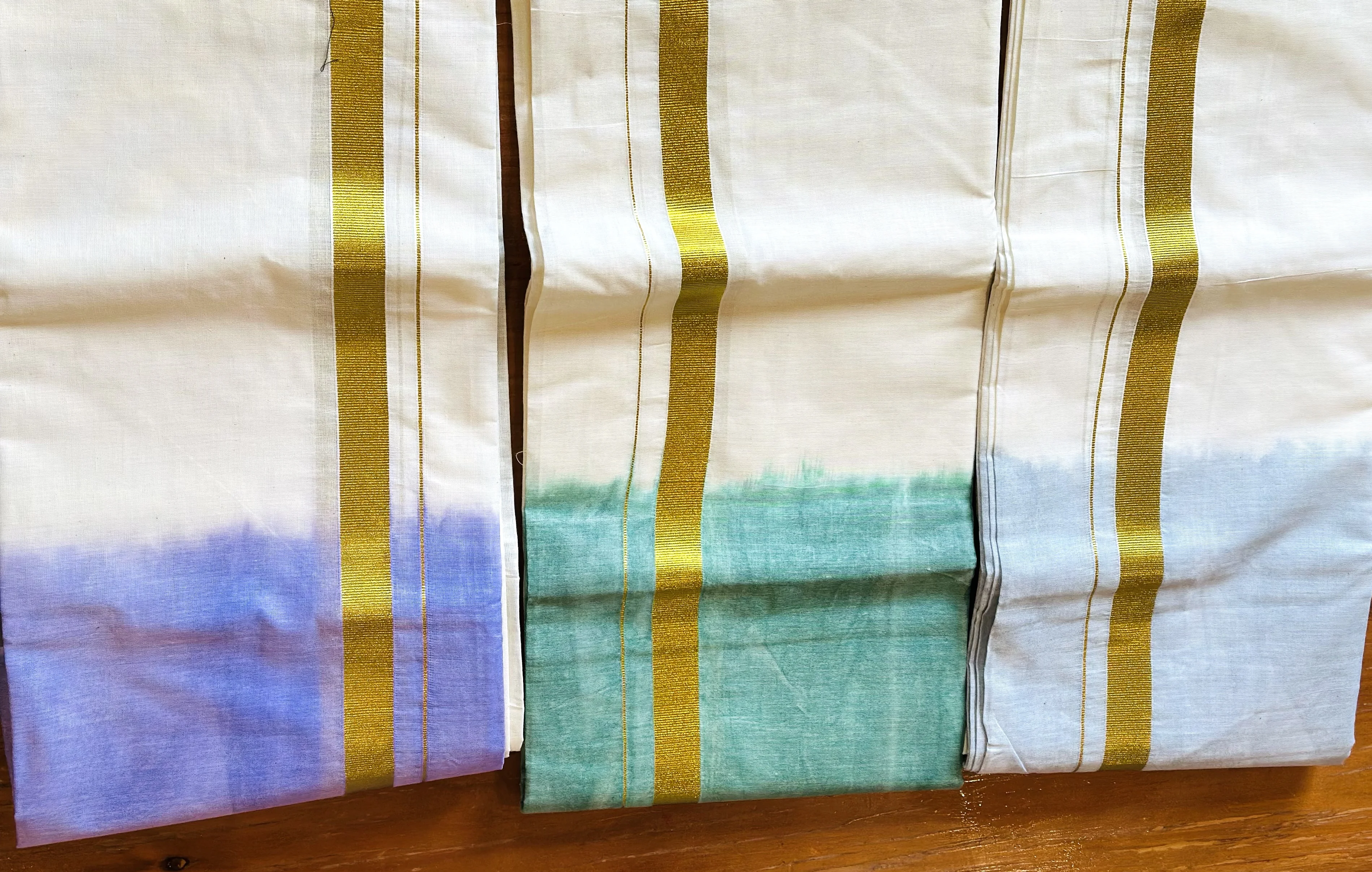  White and Blue Kasavu Mundu with Gold Zari Border - Image 3