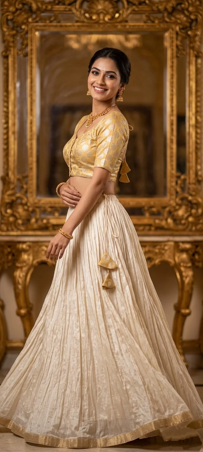 Golden Brocade Blouse with Round Motif Weaving and Tassels