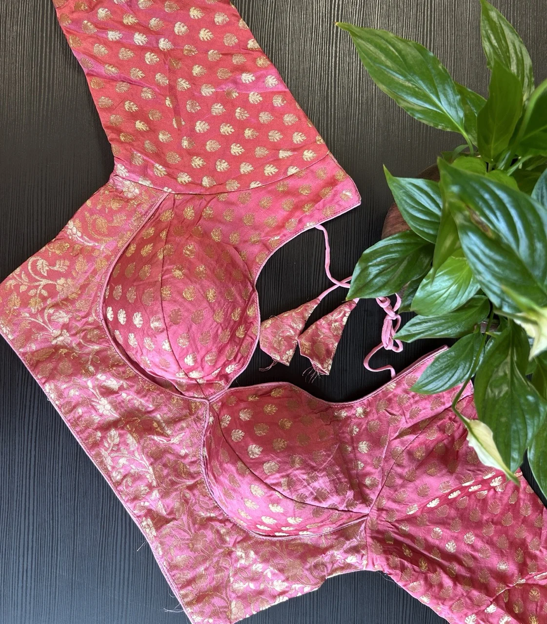 Pink and Gold Brocade Blouse with Floral Motifs and Tassels