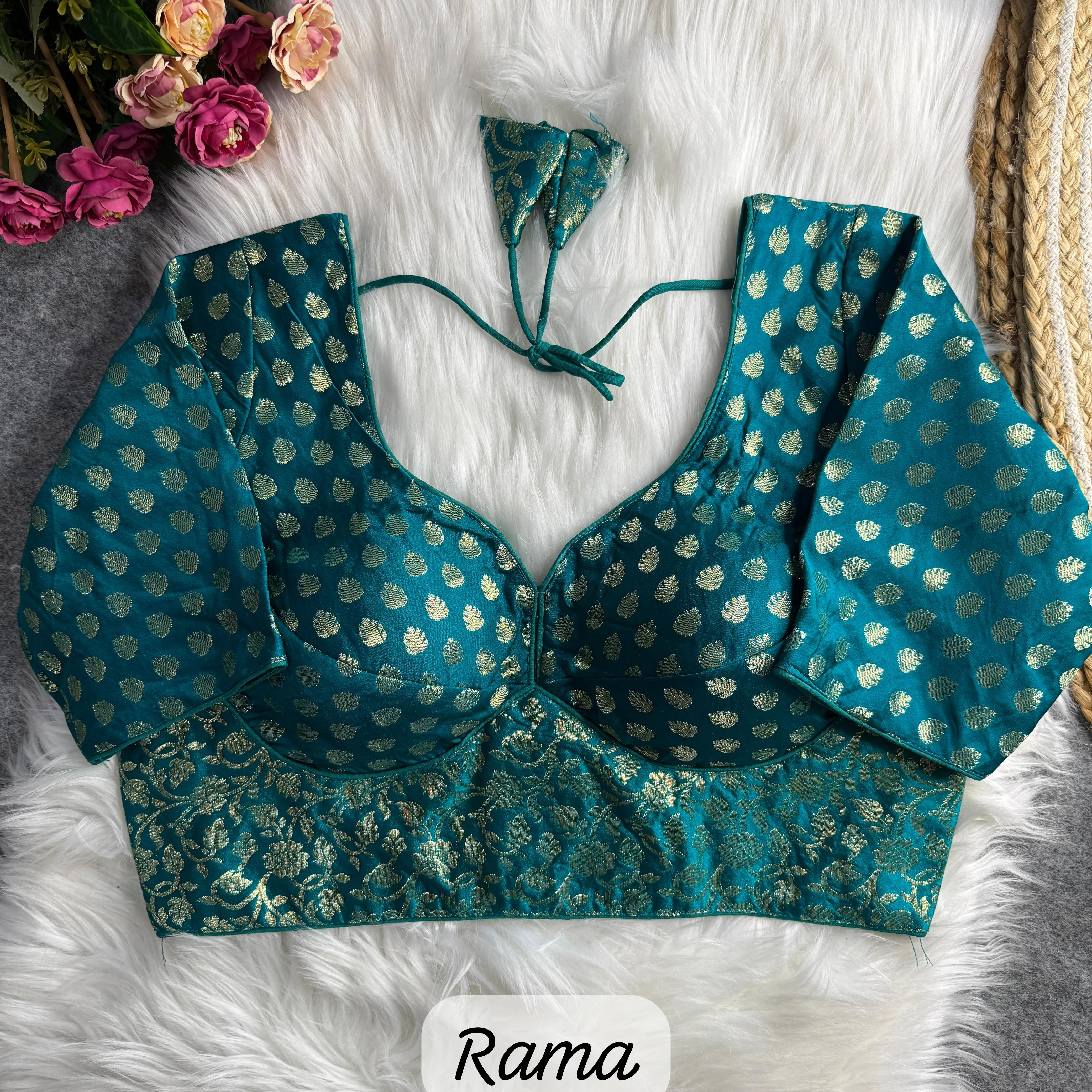  Teal Green and Gold Brocade Blouse with Floral Motifs and Tassels