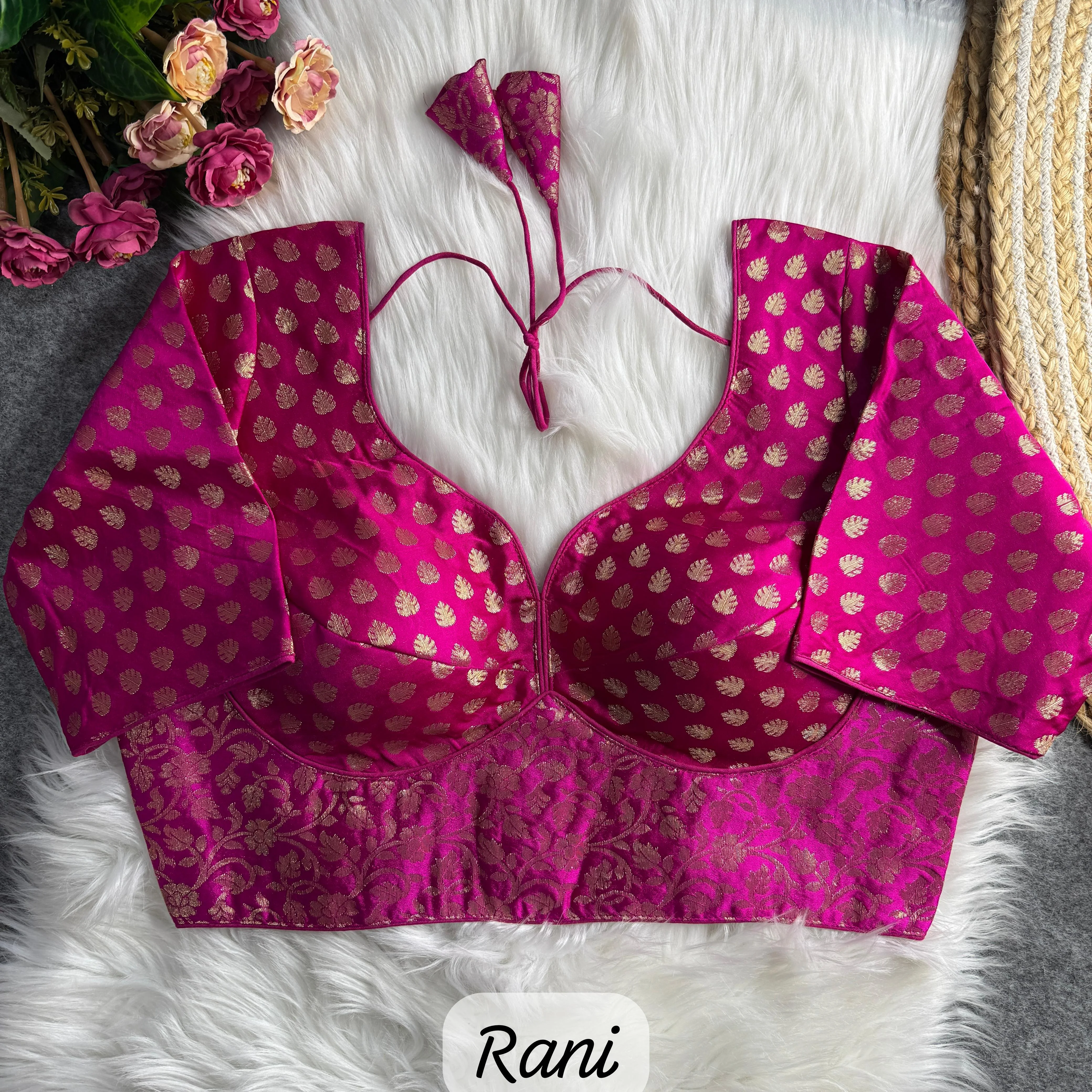 Rani Pink Brocade Blouse with Gold Buta and Floral Motifs