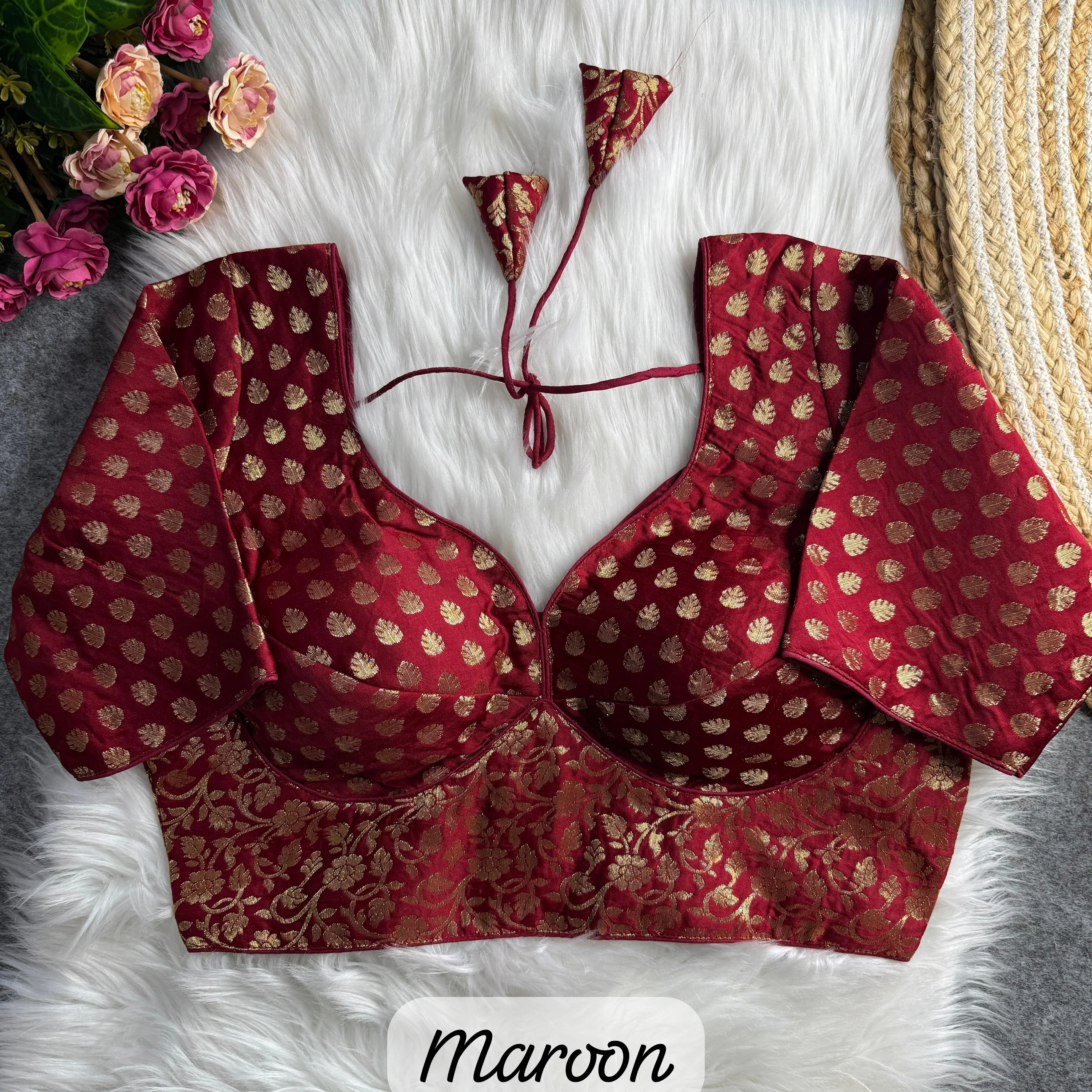  Maroon Brocade Blouse with Gold Buta and Floral Motifs
