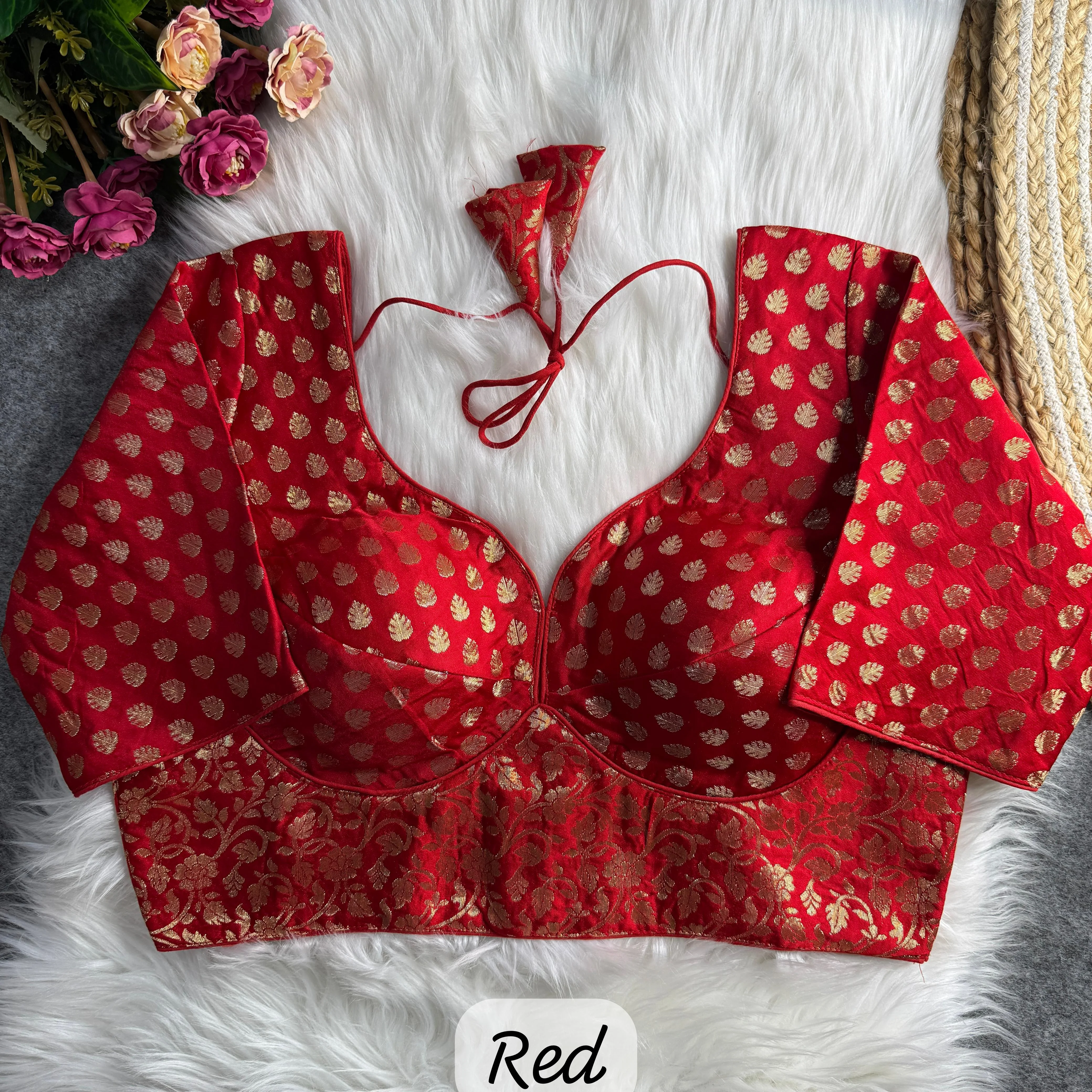 Red Brocade Blouse with Gold Buta and Floral Motifs
