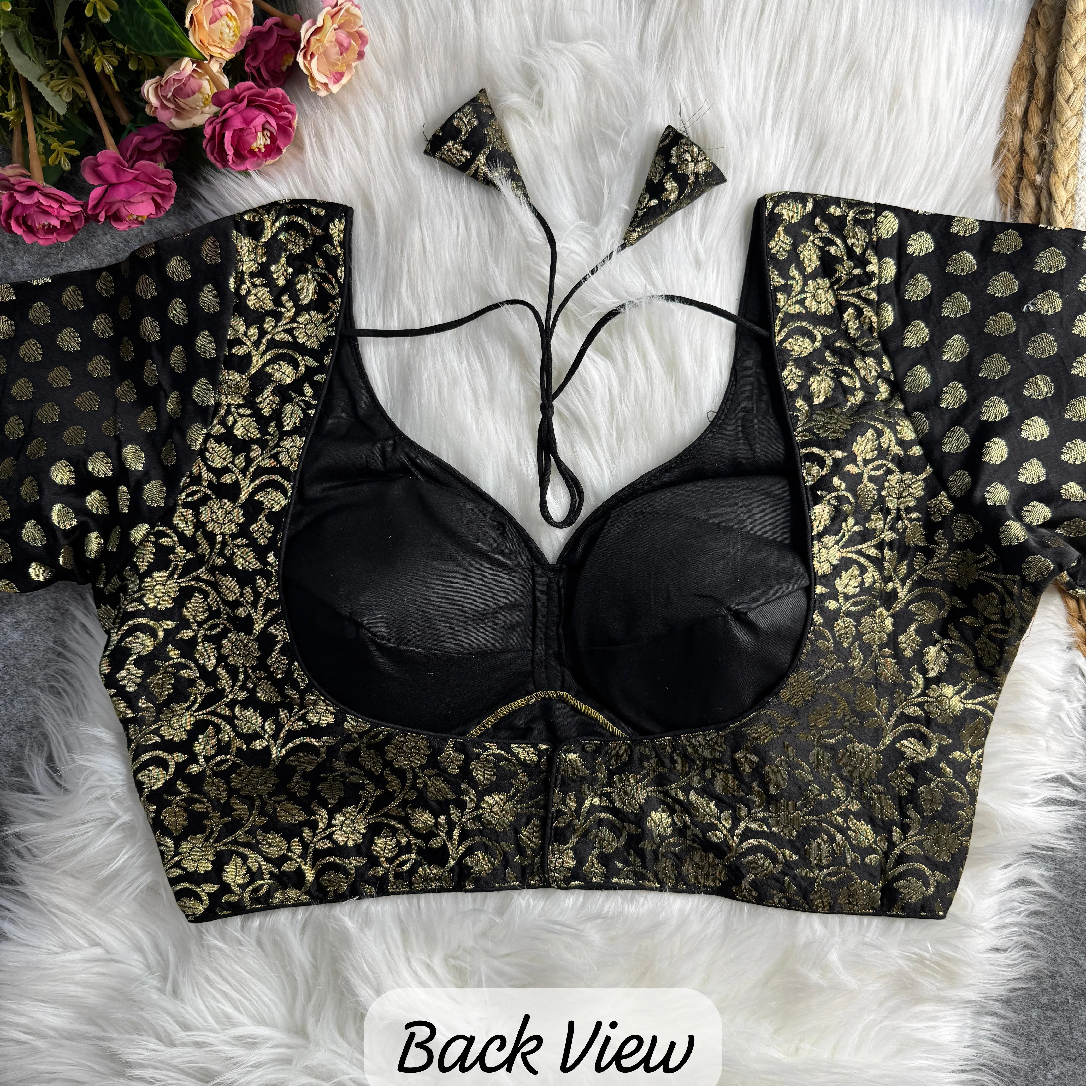 Black Brocade Blouse with Gold Buta and Floral Motifs
