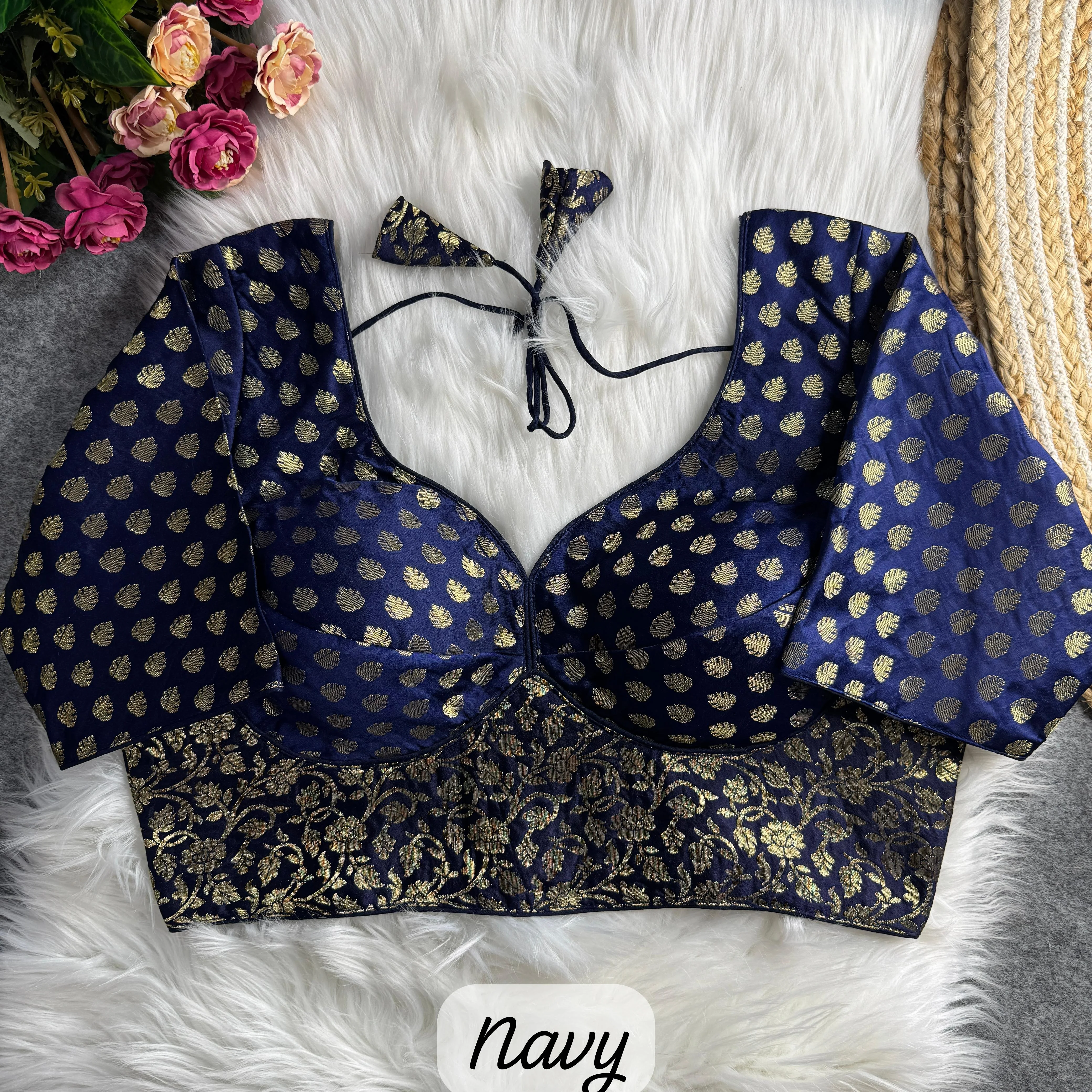  Navy Blue Brocade Blouse with Gold Buta and Floral Motifs