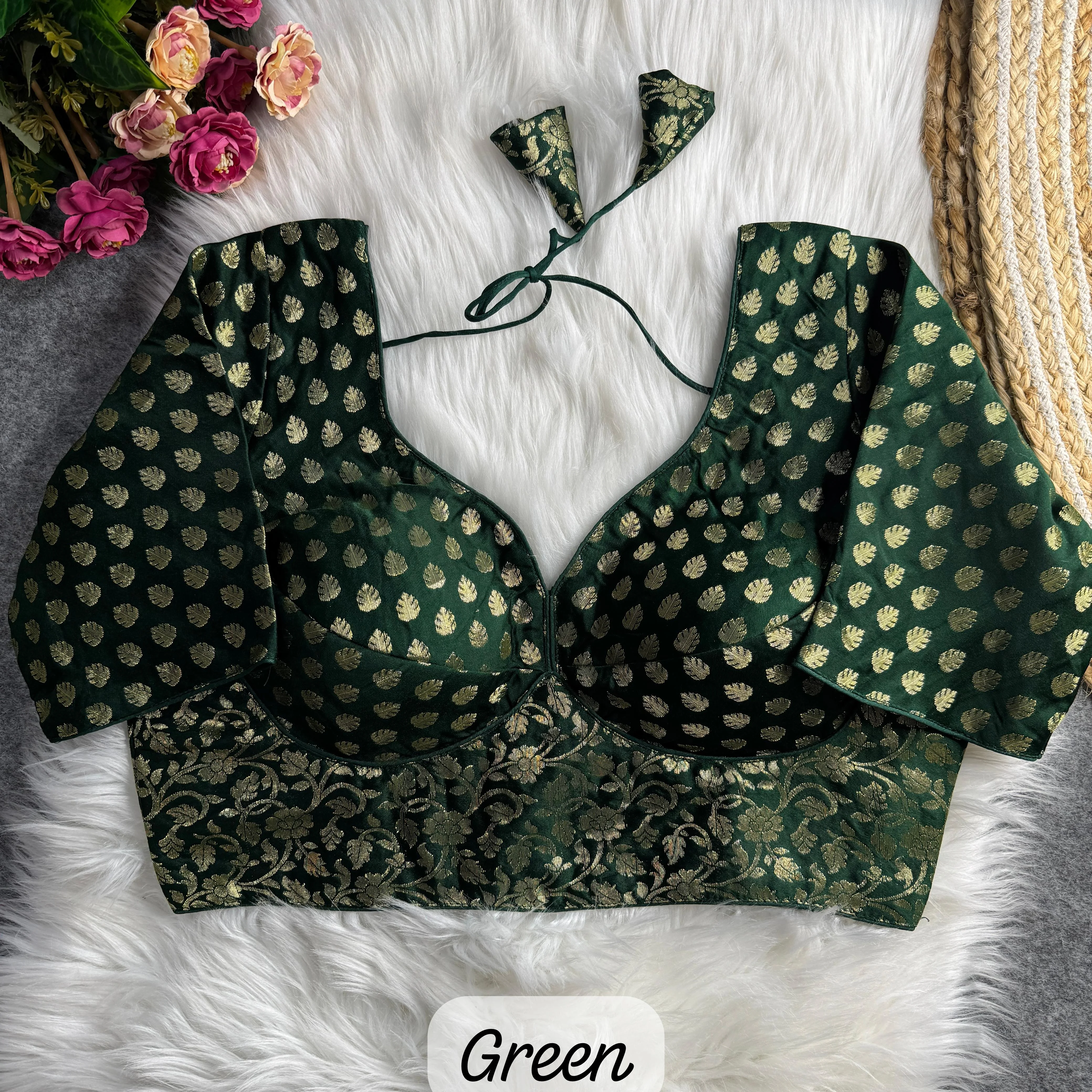  Green Brocade Blouse with Gold Buta and Floral Motifs