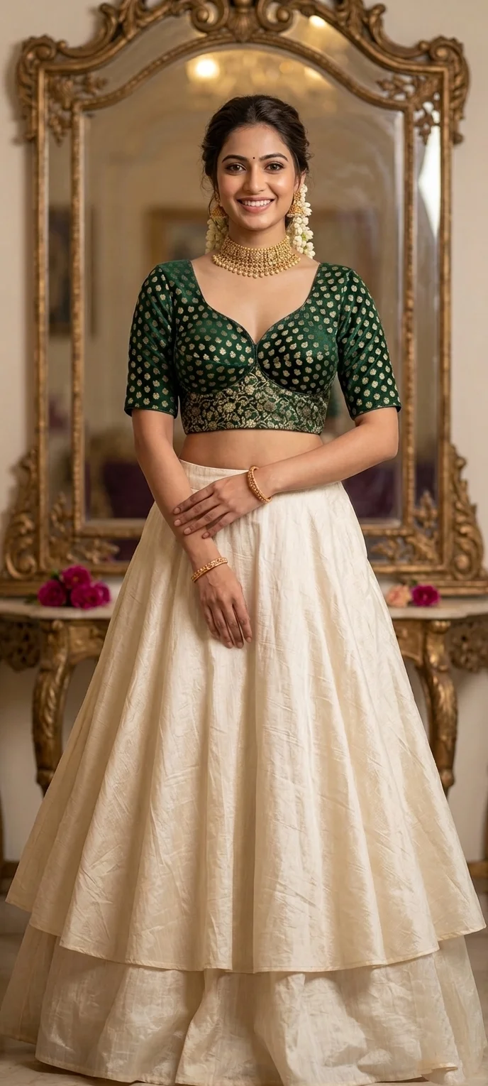  Green Brocade Blouse with Gold Buta and Floral Motifs