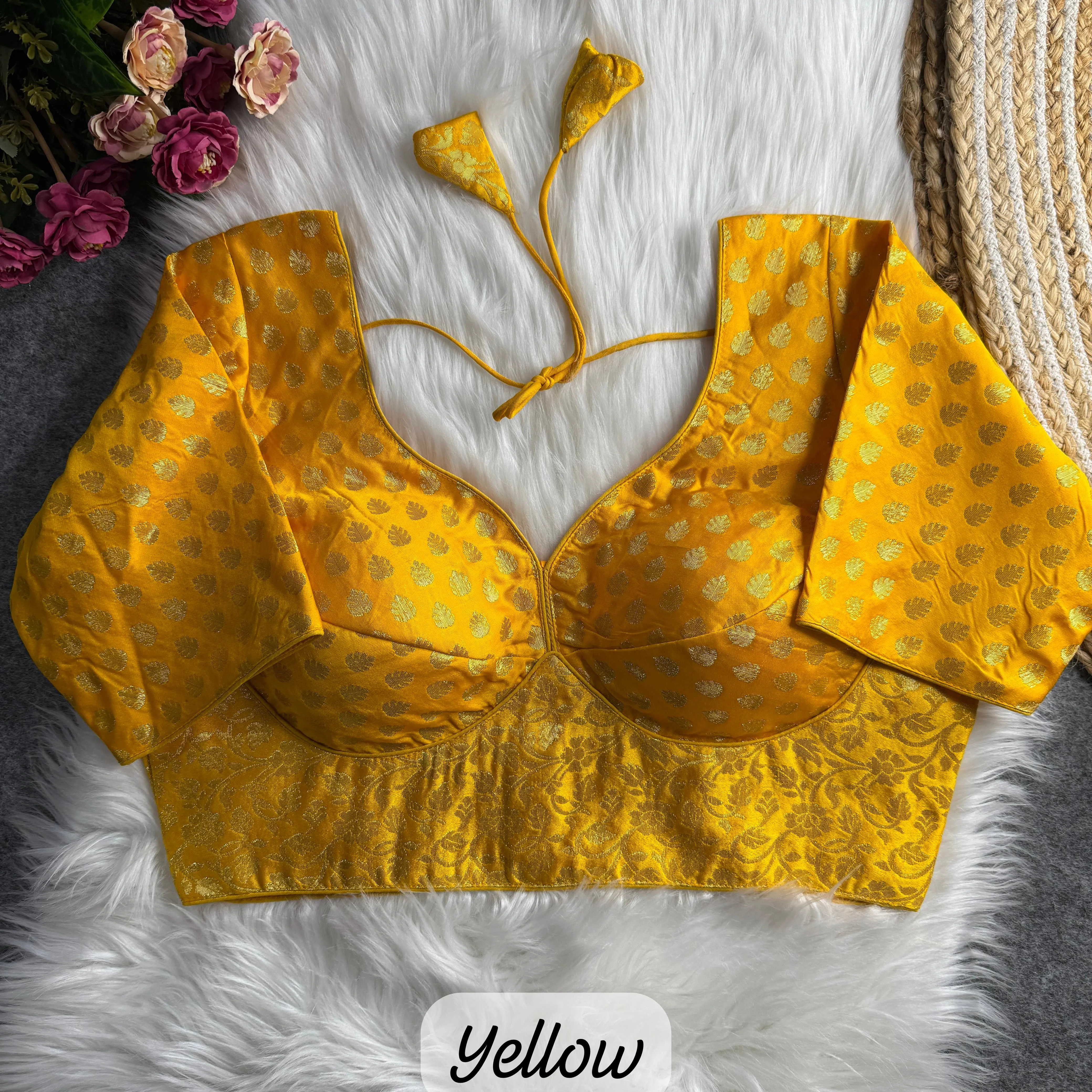  Yellow Brocade Blouse with Gold Buta and Floral Motifs