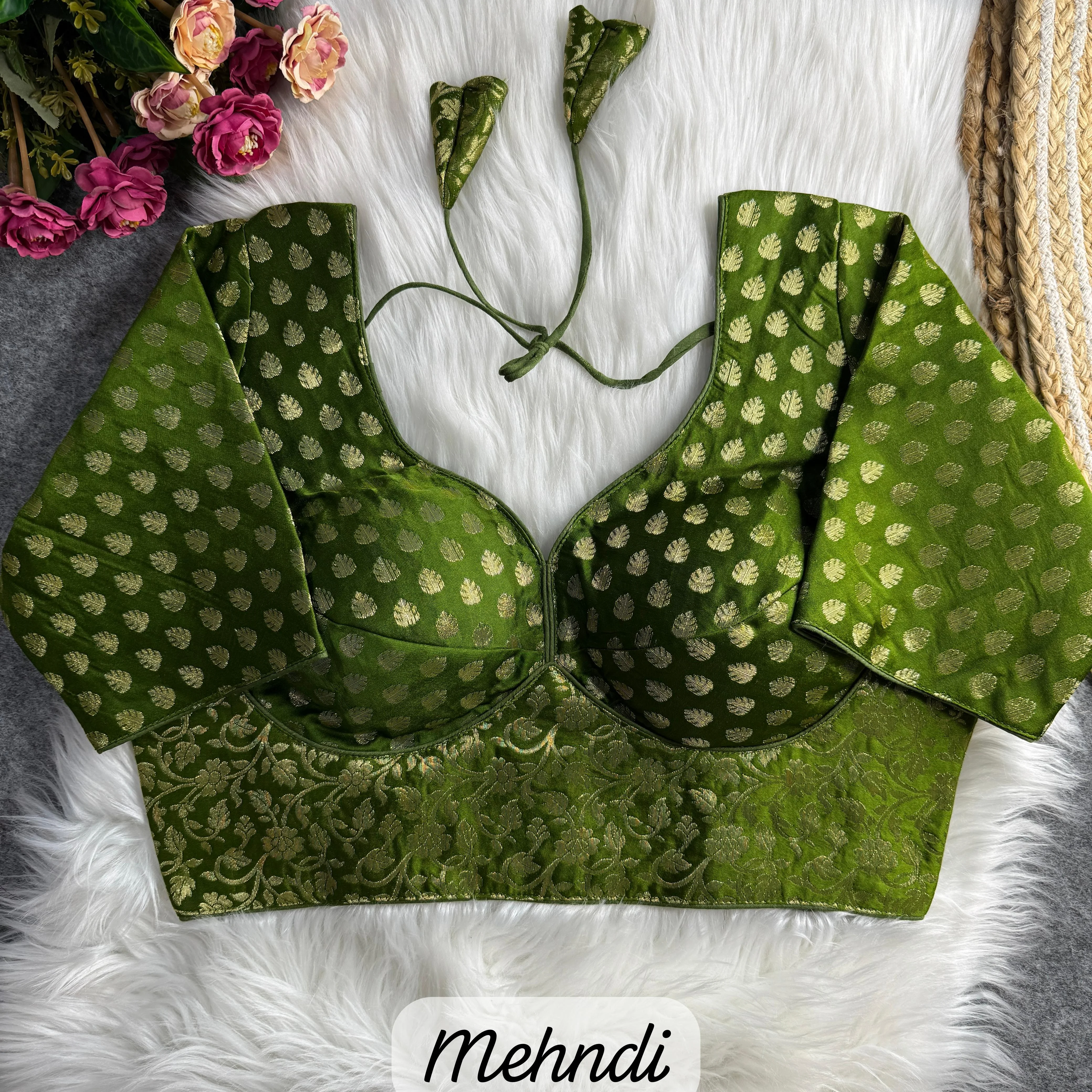  Mehndi Green Brocade Blouse with Gold Buta and Floral Motifs