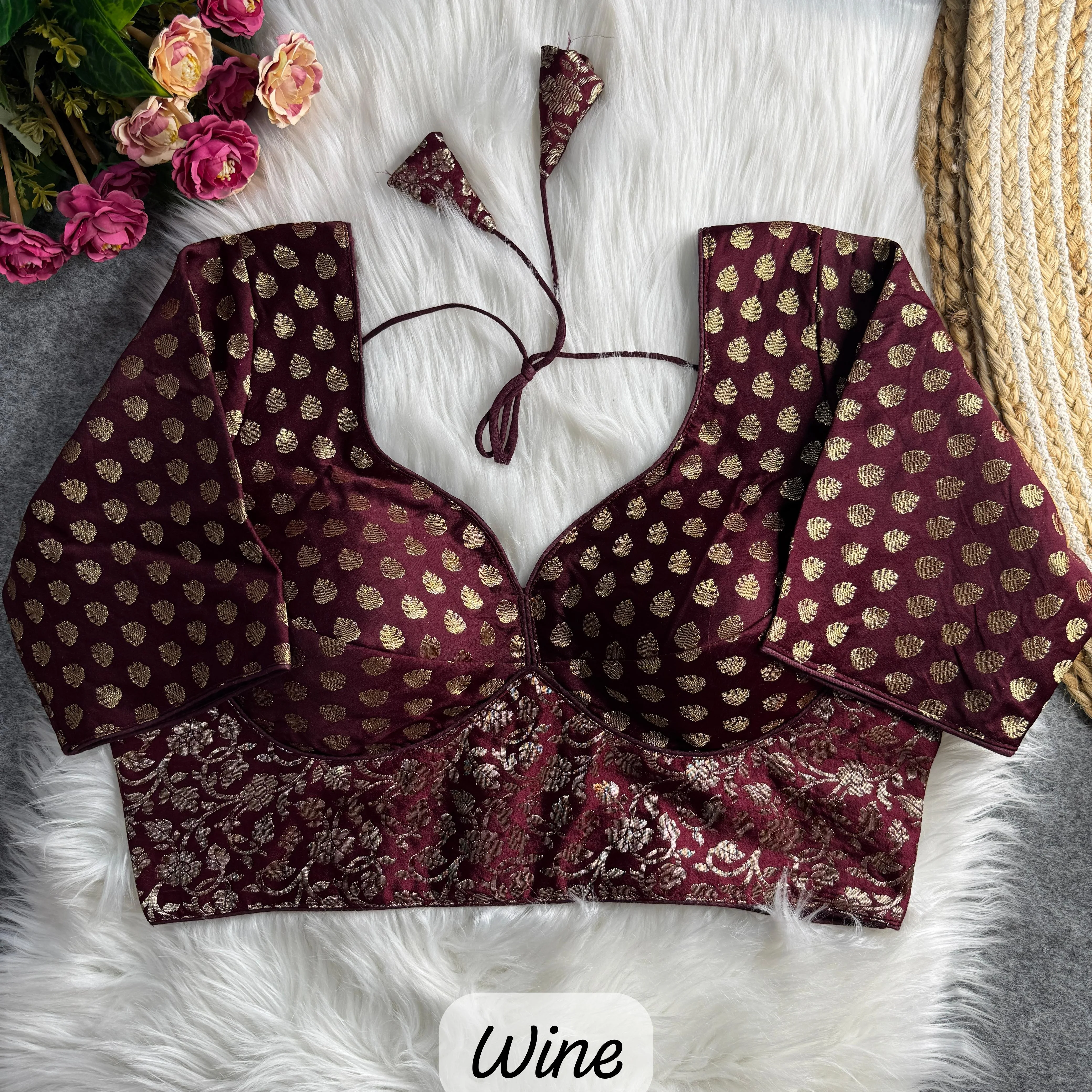 Wine Brocade Blouse with Gold Buta and Floral Motifs
