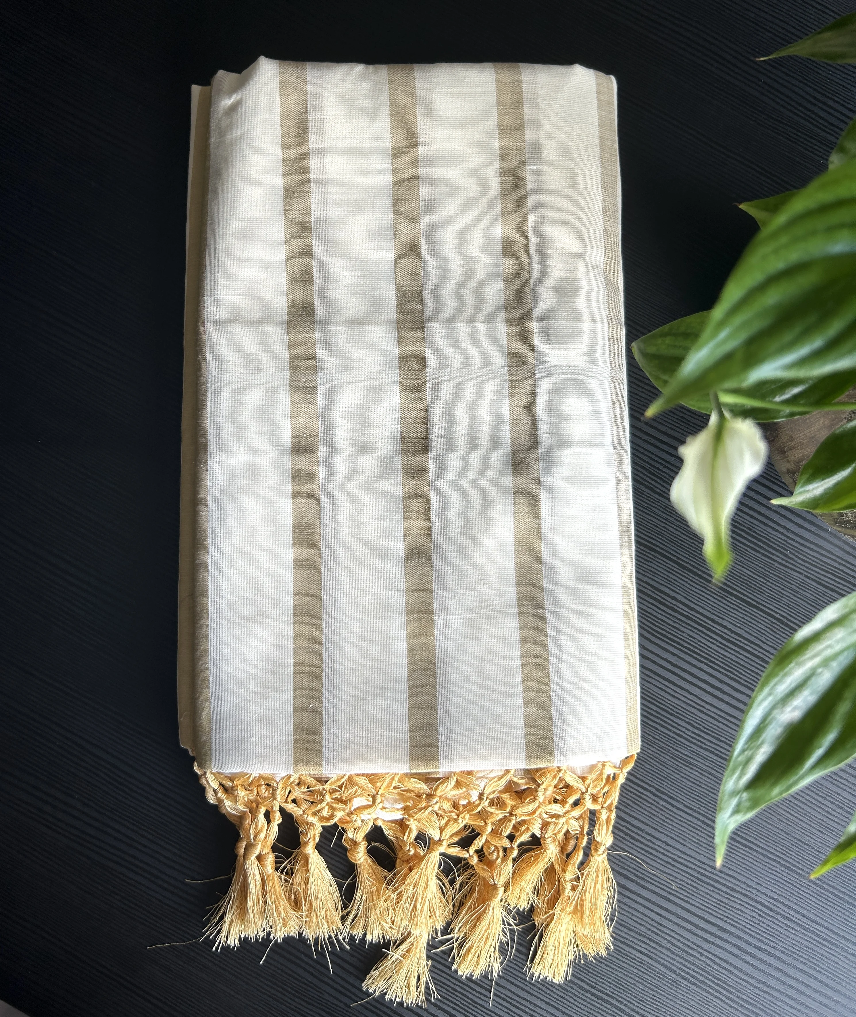 White and Gold Striped Kasavu Saree with Tassels