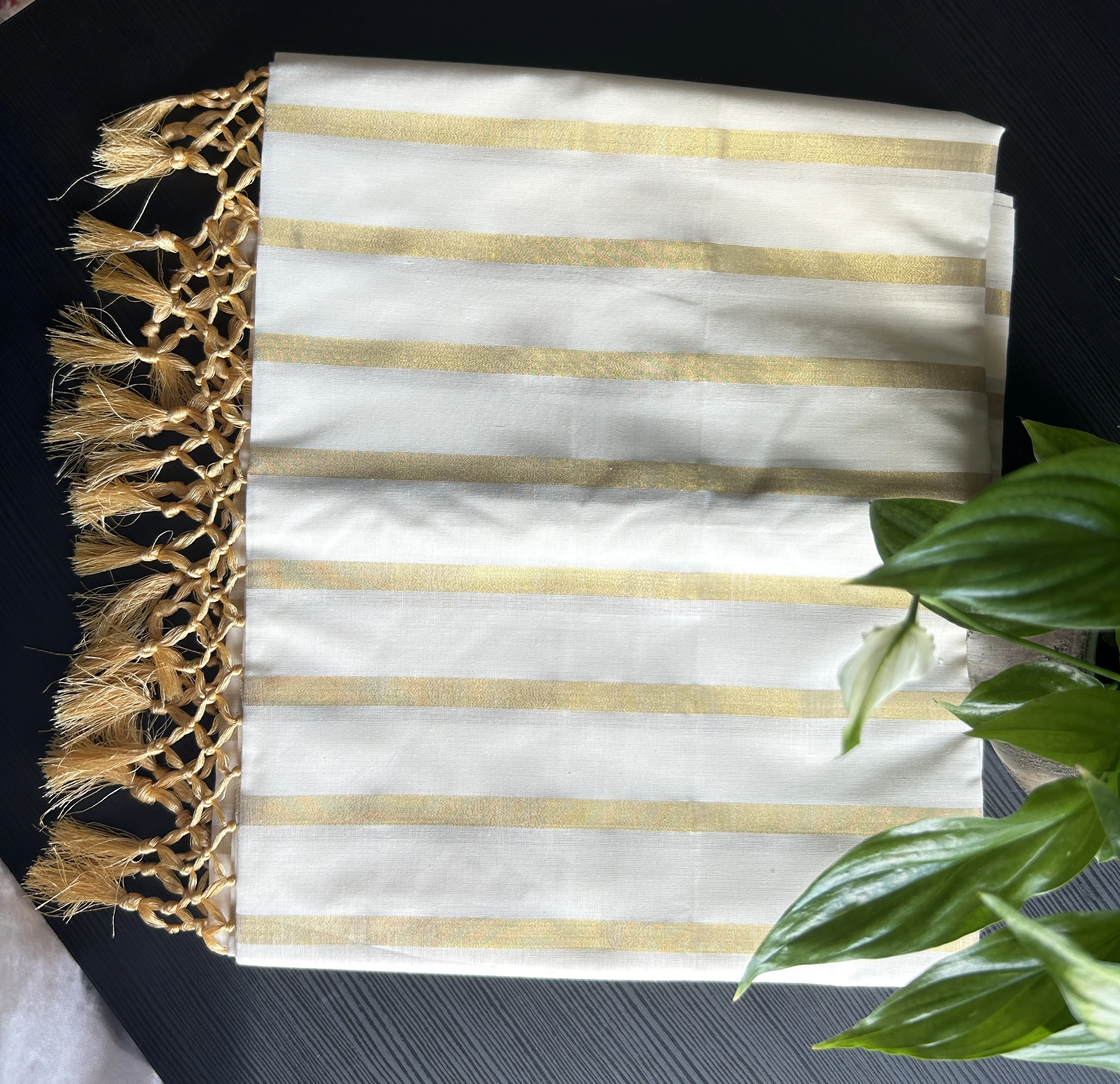White and Gold Striped Kasavu Saree with Tassels - Image 2