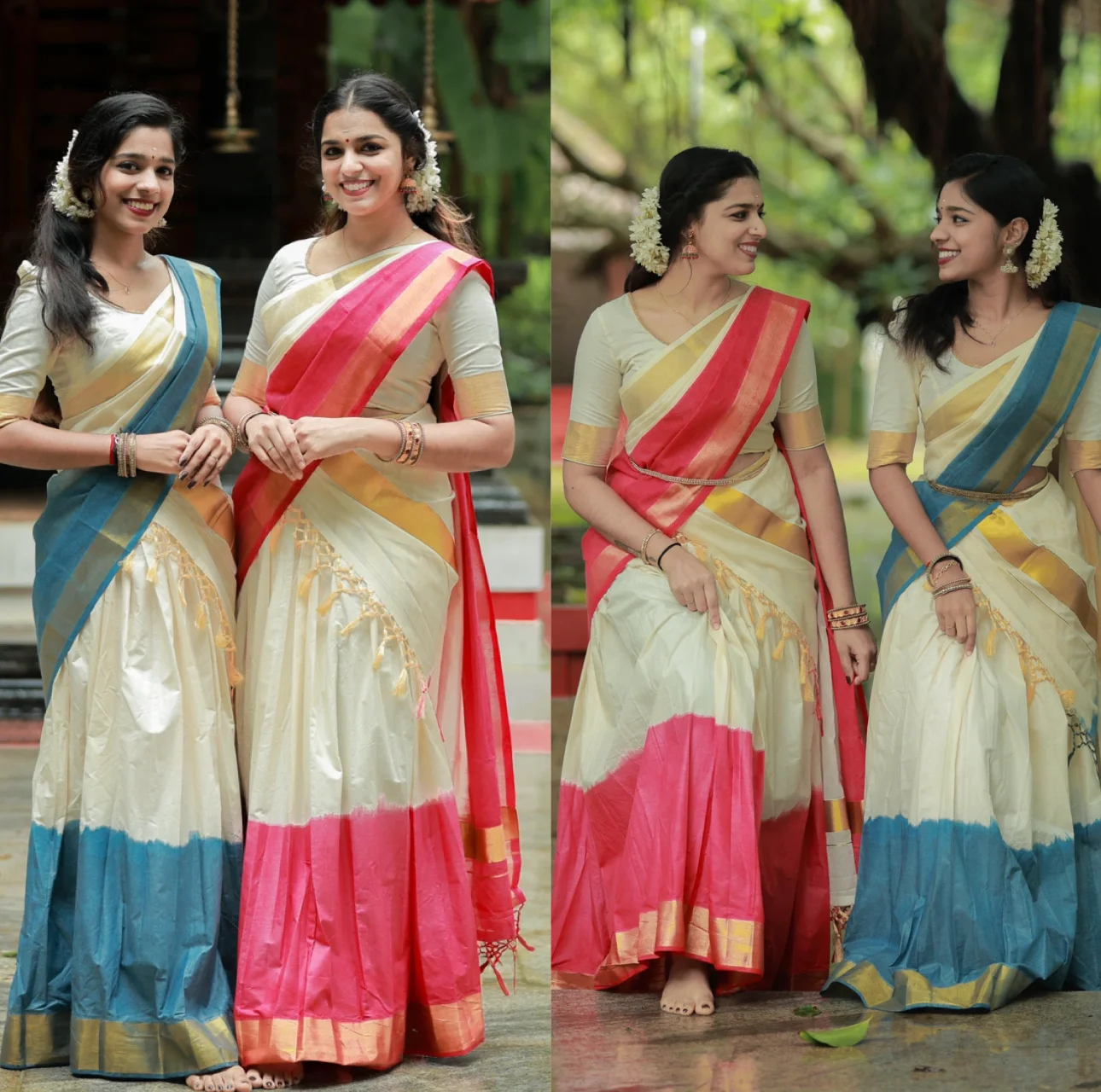 White and Gold Kasavu Saree with Pink and Red Border, and Tassels. - Image 3