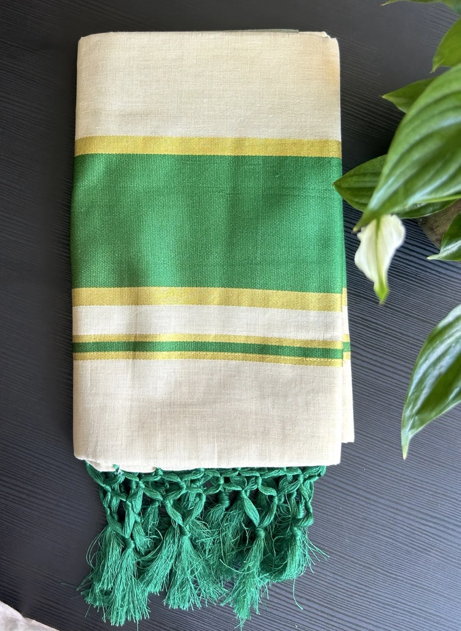 White, Green, and Yellow Striped Kasavu Saree with Green Tassels - Image 2