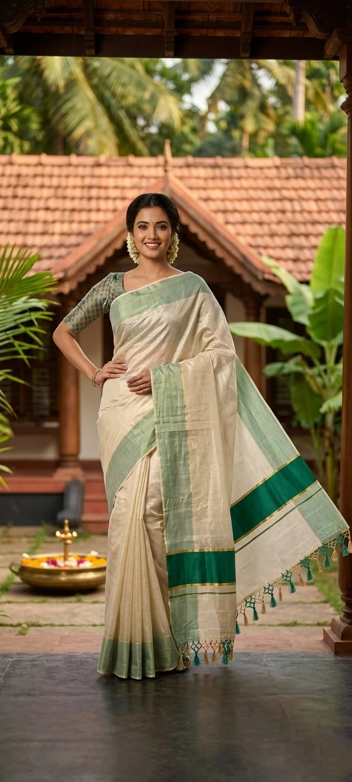 White, Green, and Yellow Striped Kasavu Saree with Green Tassels