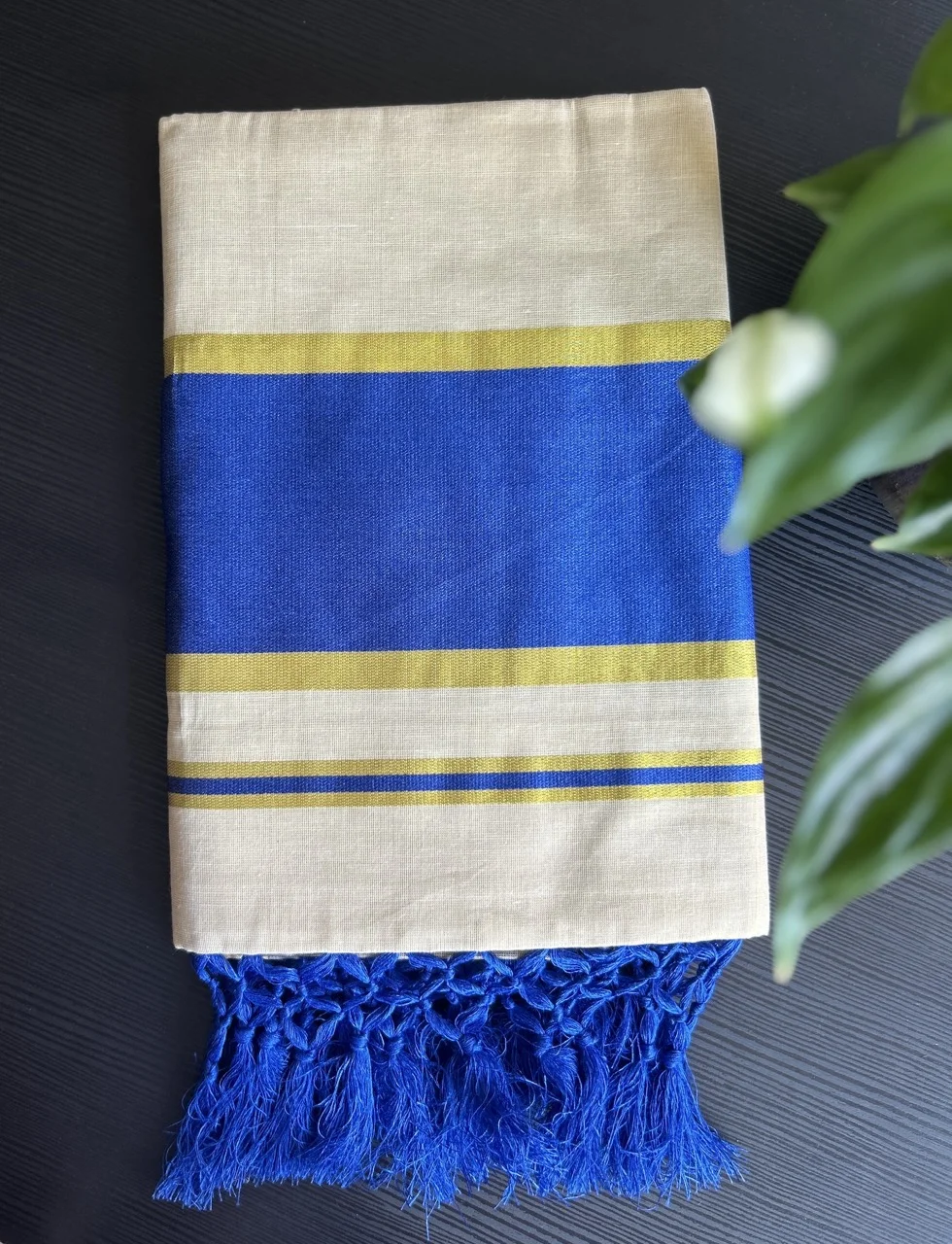 White, Blue, and Gold Striped Kasavu Saree with Blue Tassels