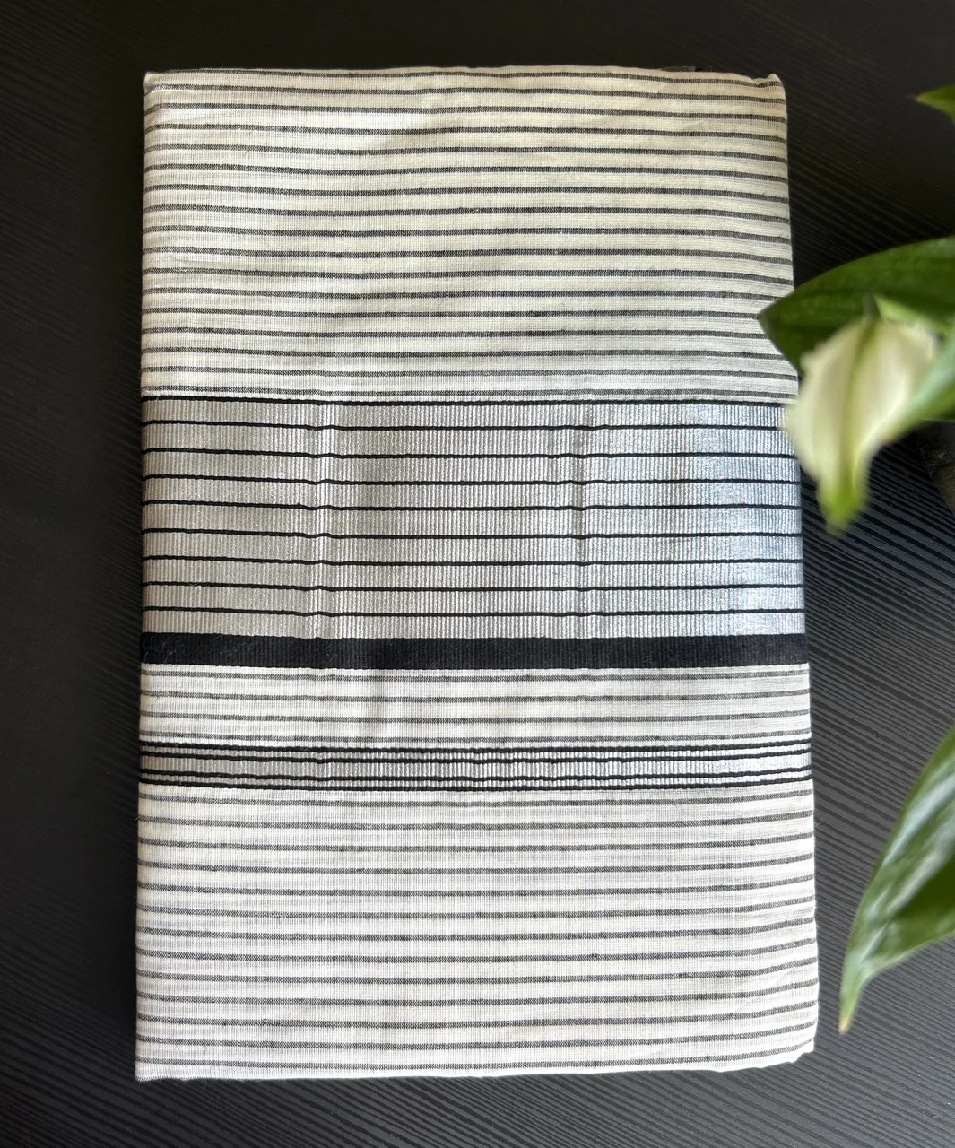  White and Black Striped Kasavu Saree with Silver Zari Details