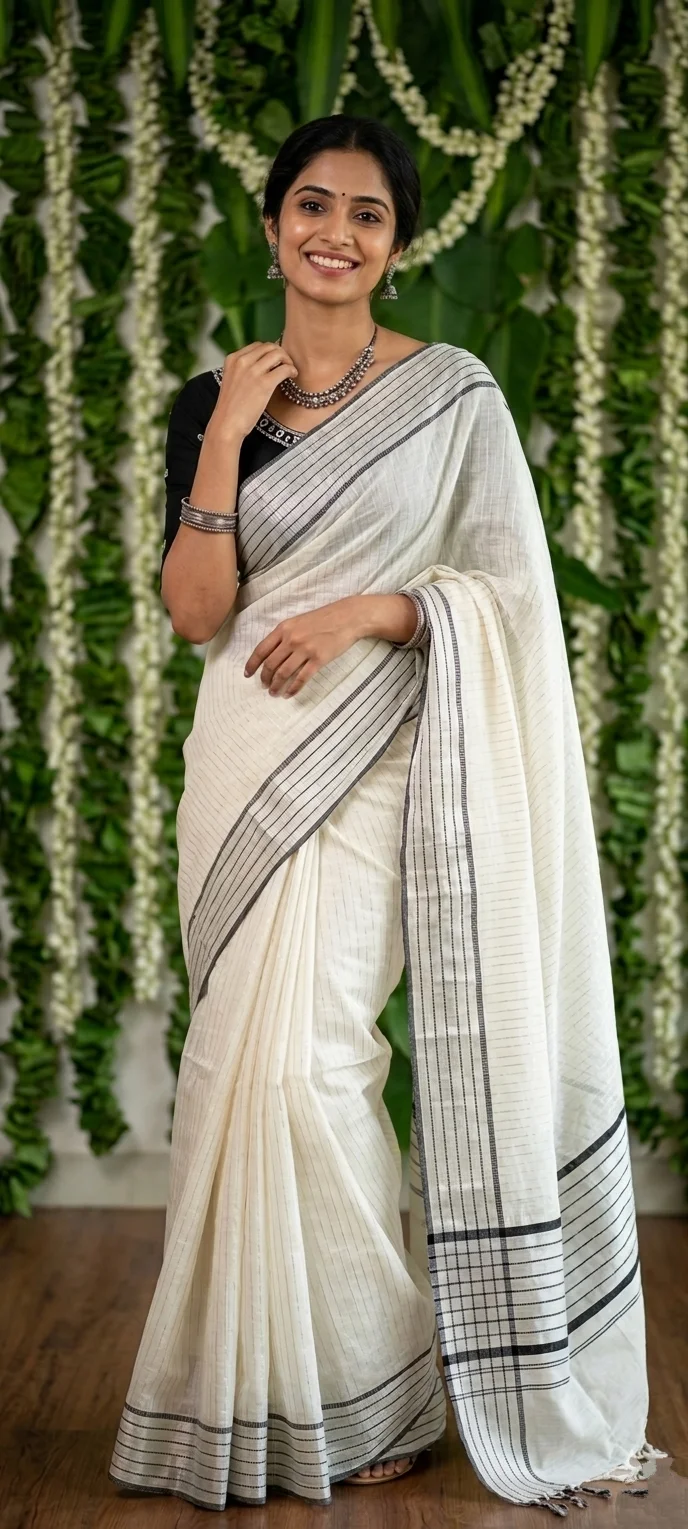  White and Black Striped Kasavu Saree with Silver Zari Details