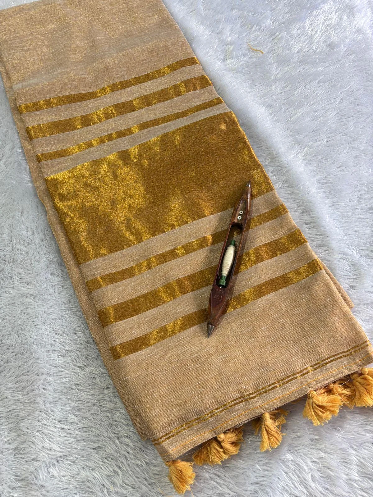  White and Gold Striped Kasavu Saree with Tassels