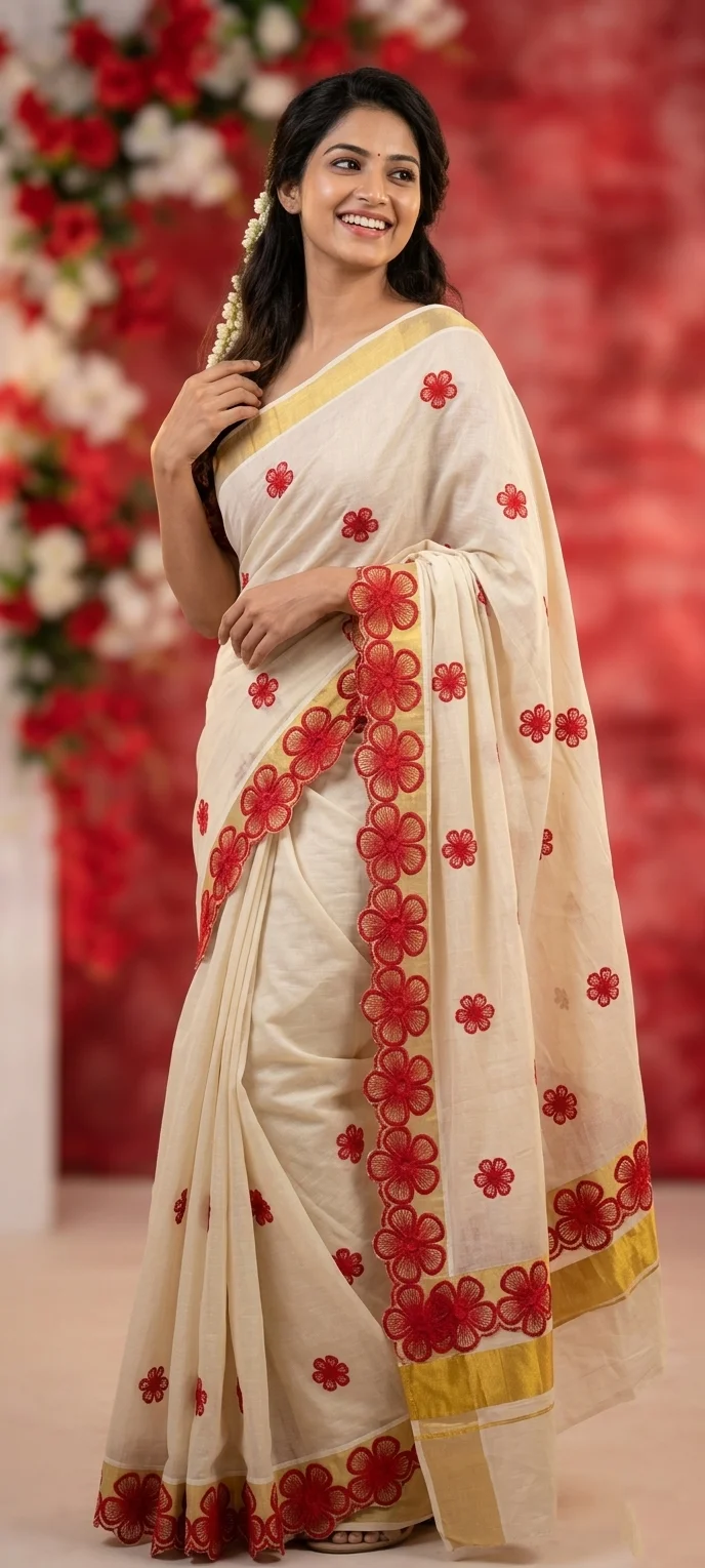 White Kasavu Saree with Red Floral Embroidery and Border