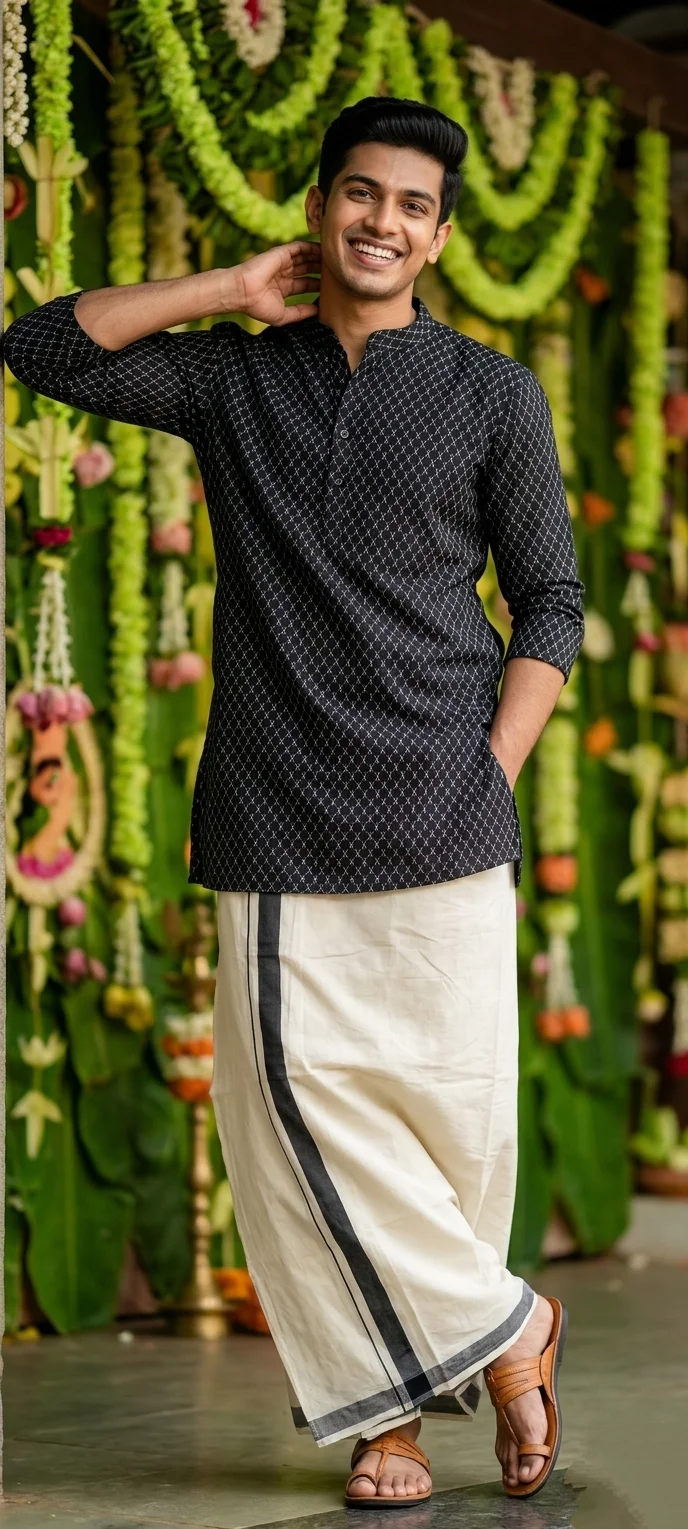  Black and White Printed Kurta with Mandarin Collar. Kurta only