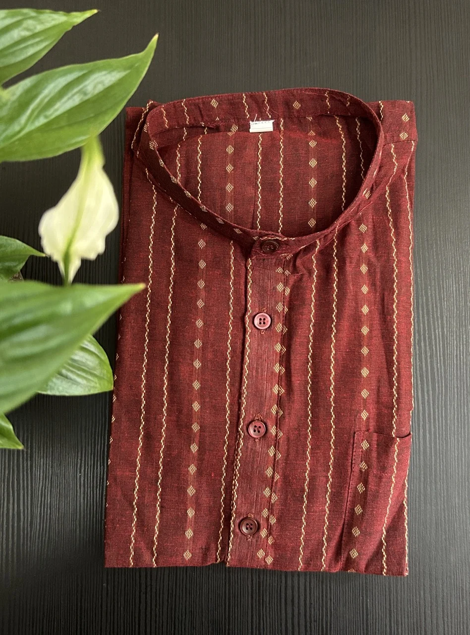 Maroon Kurta with Gold Vertical Stripes and Diamond Motifs - Image 3