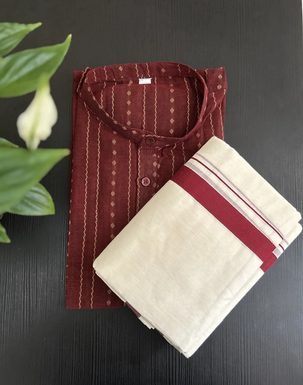 Maroon Kurta with Gold Vertical Stripes and Diamond Motifs