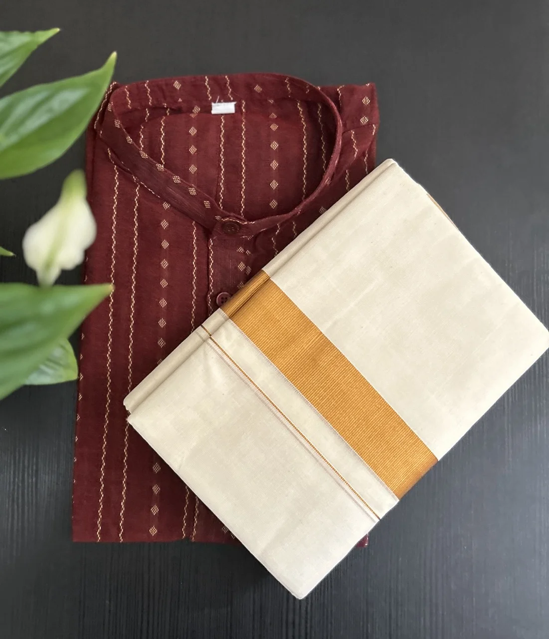 Maroon Kurta with Gold Vertical Stripes and Diamond Motifs - Image 2