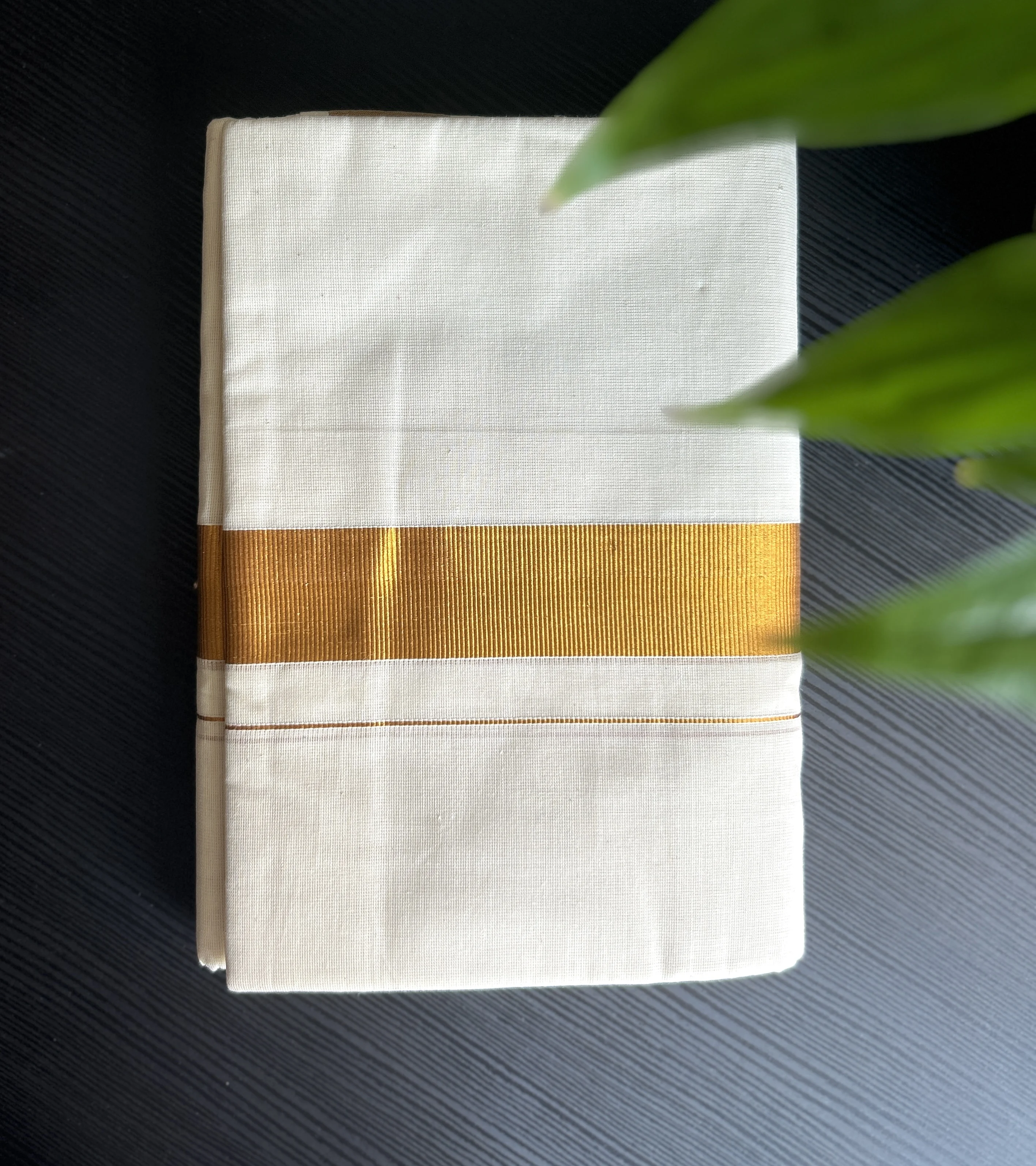 White Kasavu Mundu with Gold Zari Border and Stripes