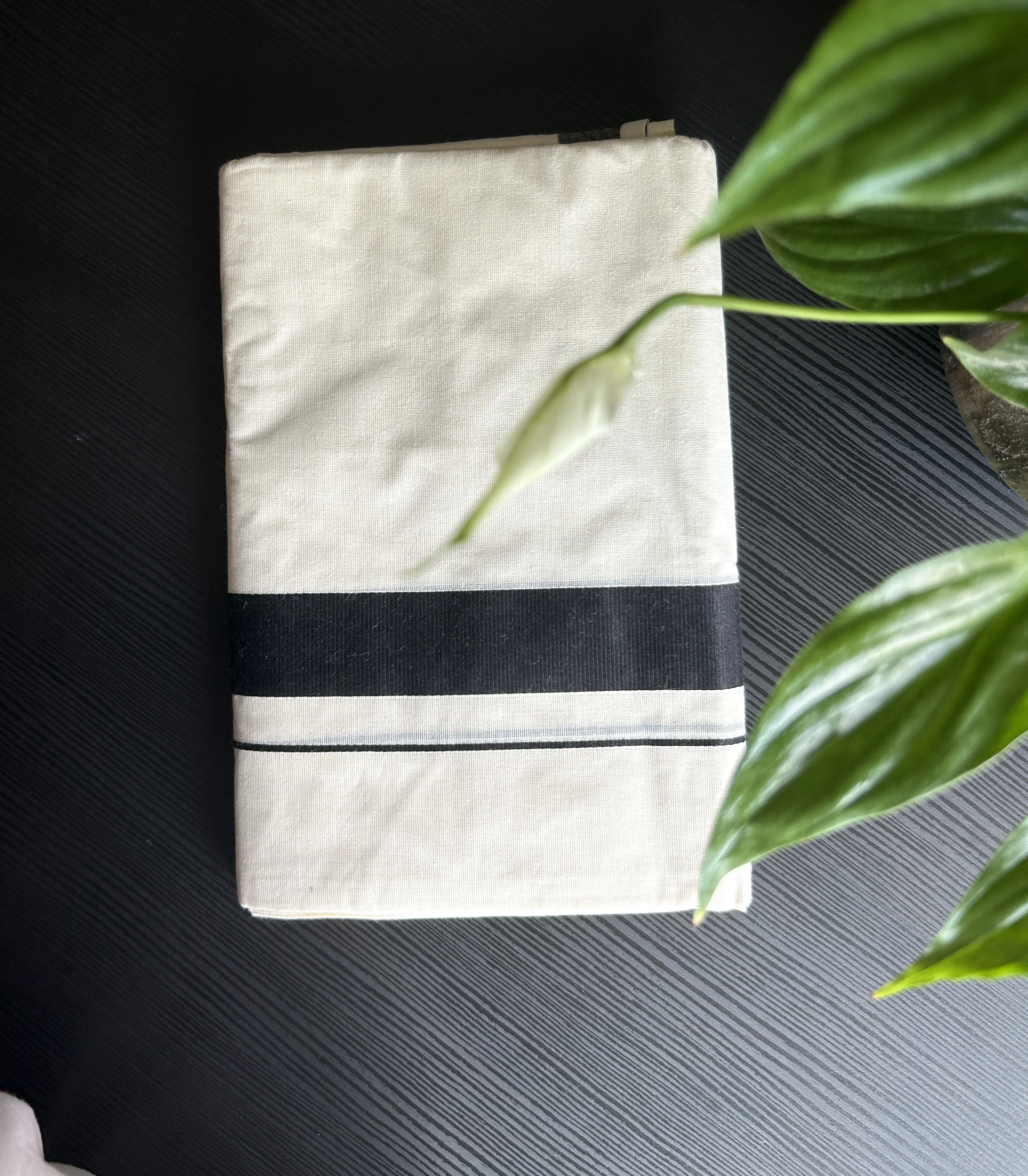White Kasavu Mundu with Black Zari Border and Stripes