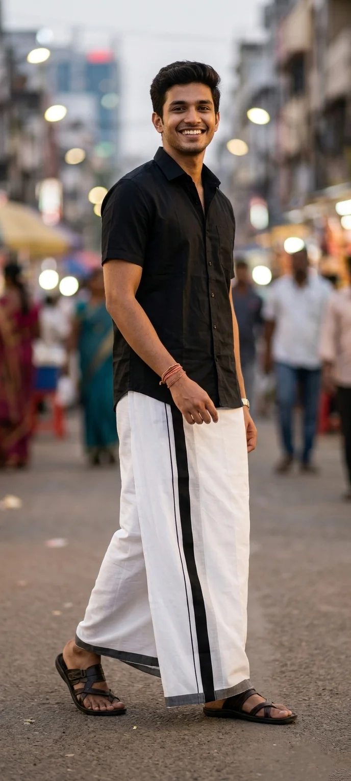 White Kasavu Mundu with Black Zari Border and Stripes. Mundu only