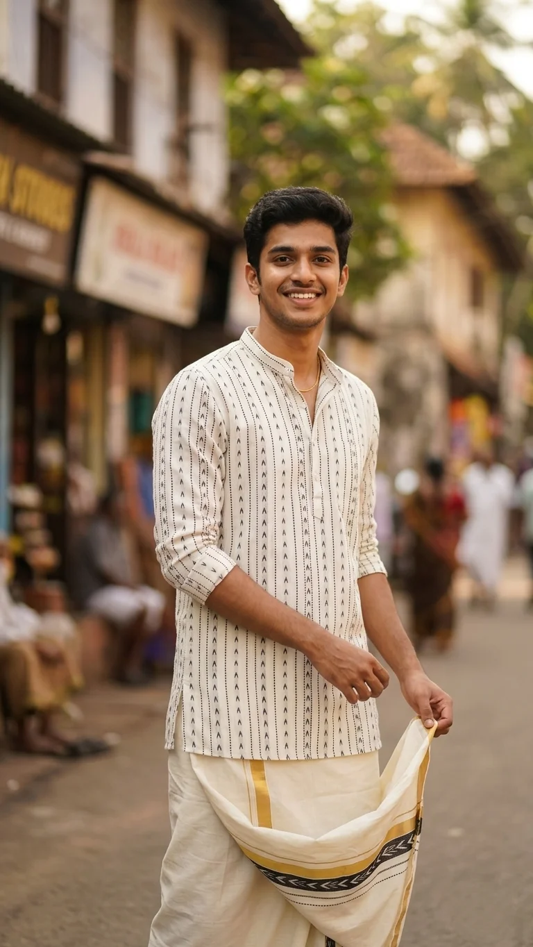  White and Black Striped Shirt with V-Motif Pattern. Kurta only