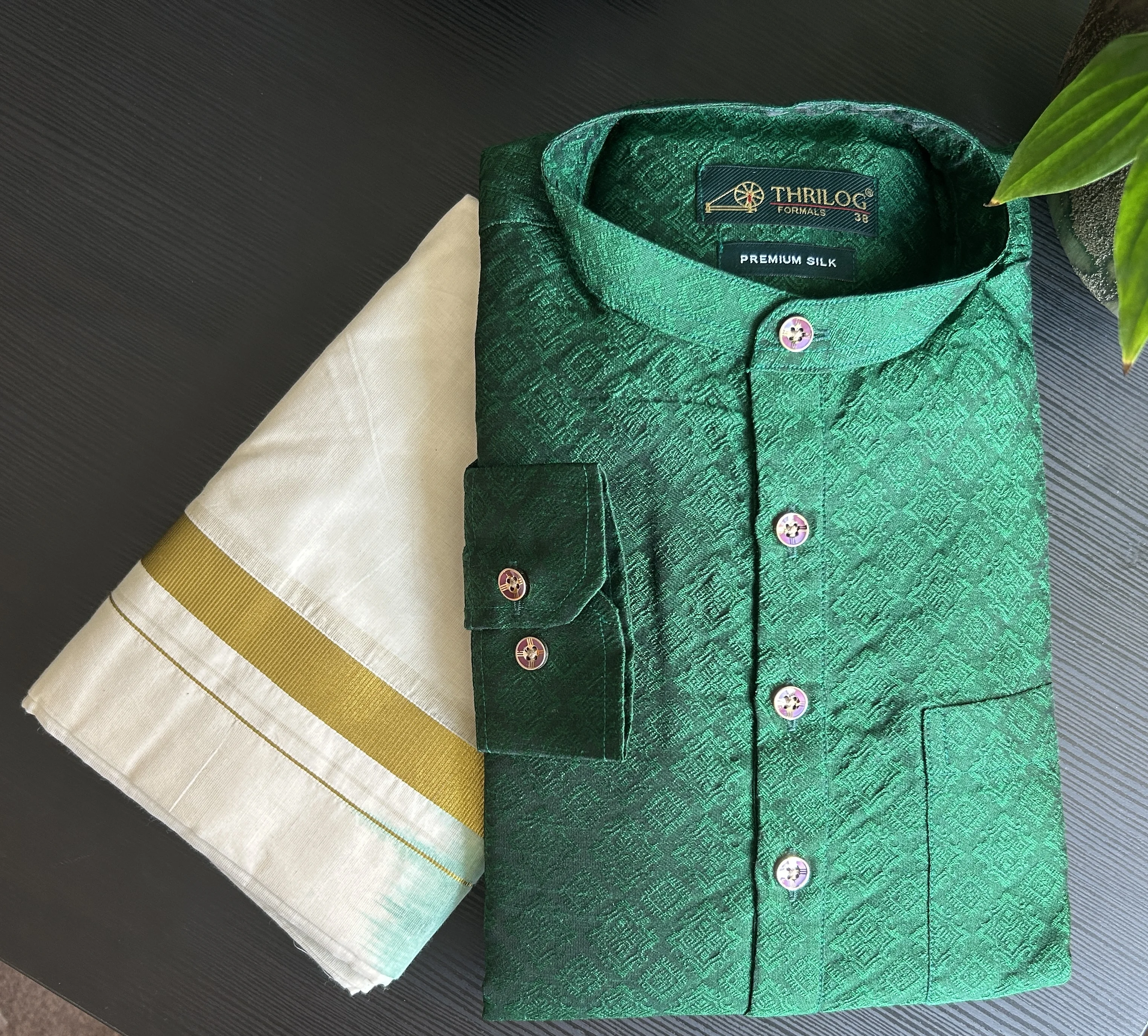 Green Brocade Silk Kurta with Gold Buttons and Cream and Gold White and Teal Mundu - Image 3