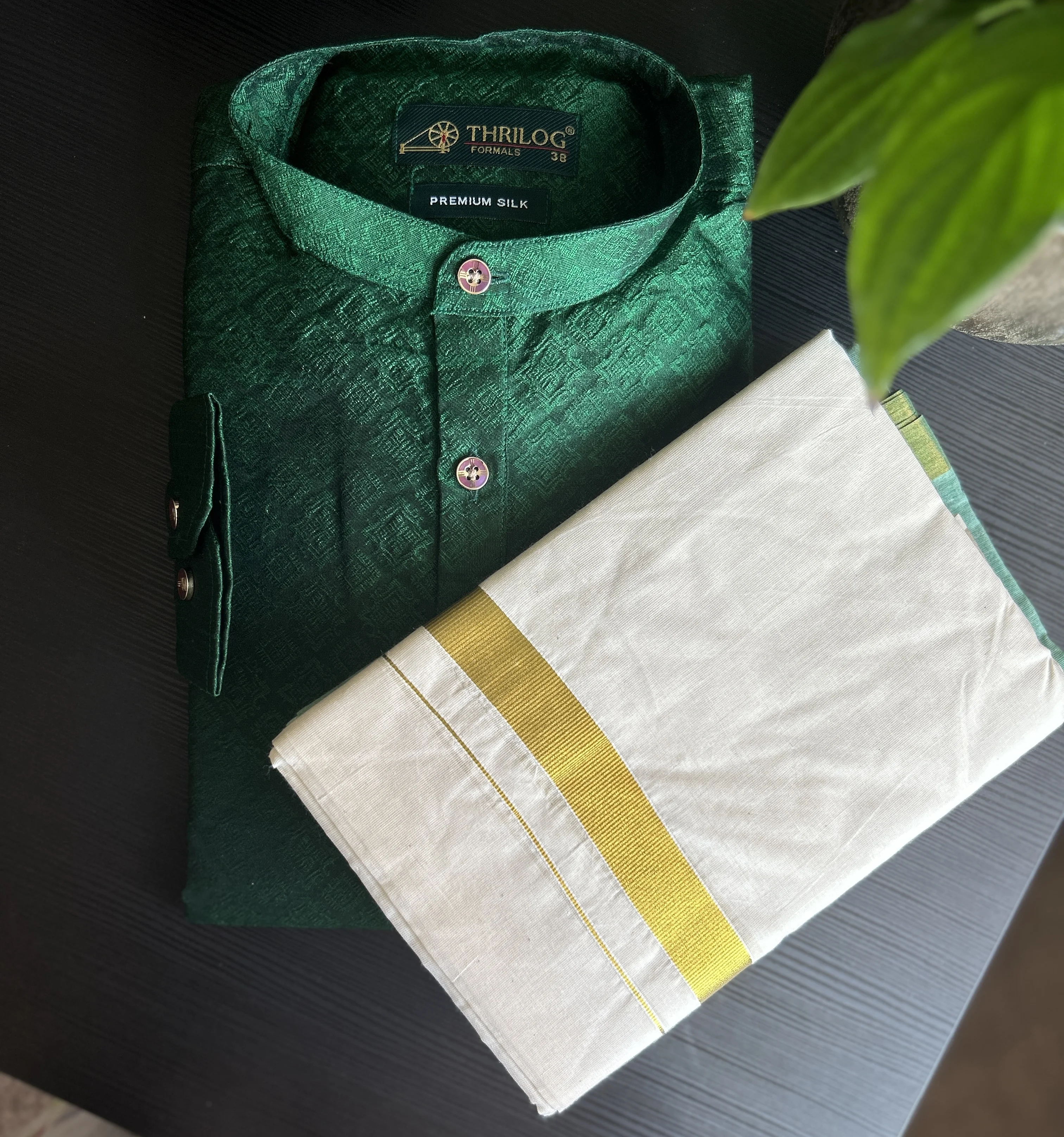 Green Brocade Silk Kurta with Gold Buttons and Cream and Gold White and Teal Mundu
