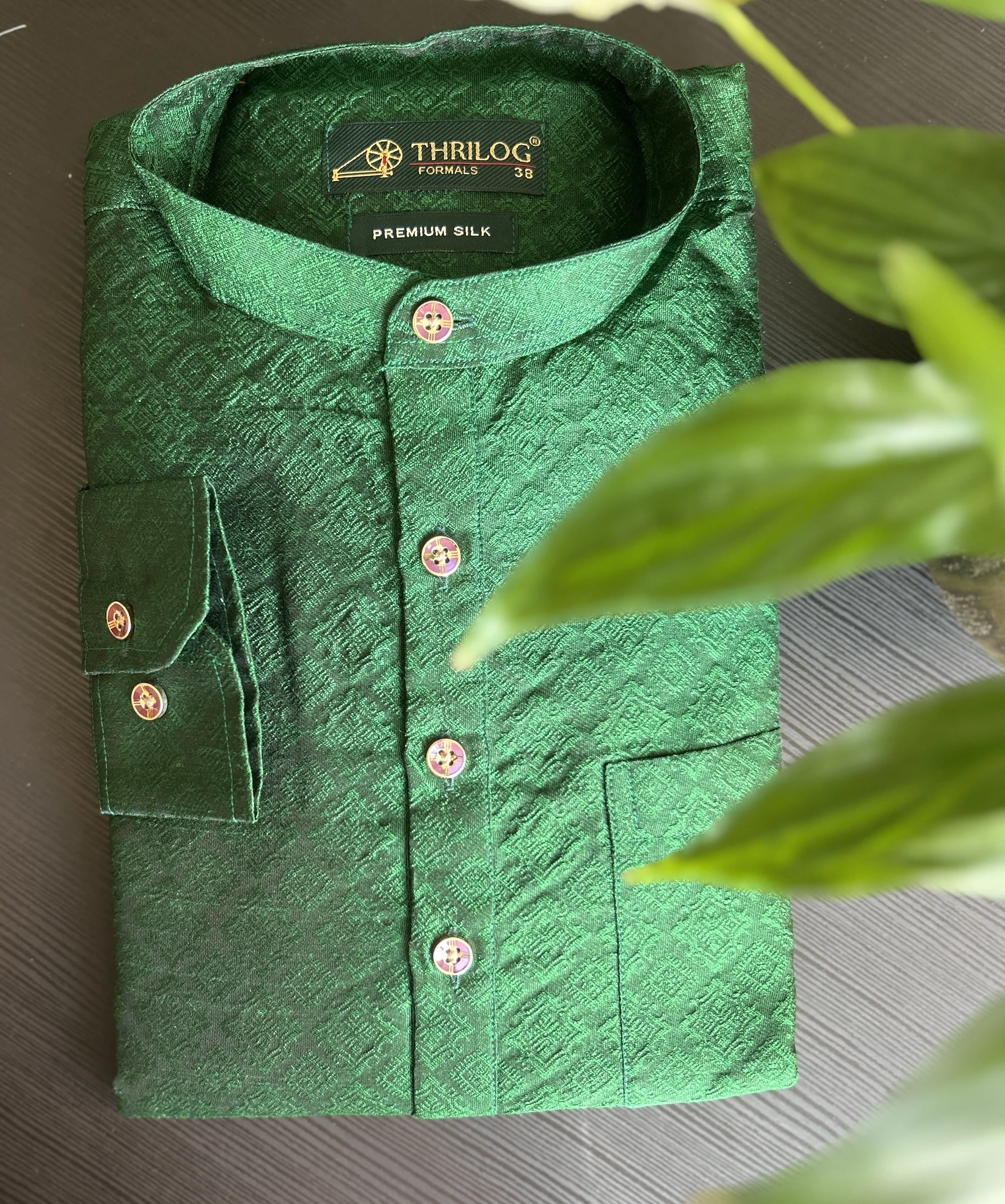 Green Brocade Silk Kurta with Gold Buttons and Cream and Gold White and Teal Mundu - Image 4