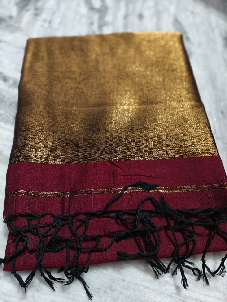  Maroon and Gold Kasavu Saree with Black Tassels and Stitched Blouse - Image 3