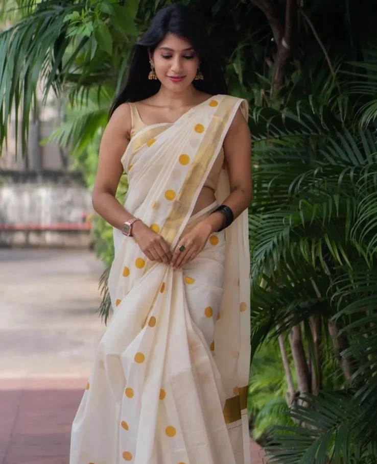 White and Gold Kasavu Saree with Yellow Polka Dots 