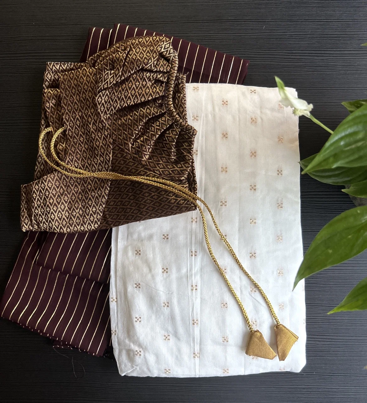 Maroon Brocade Top and White Skirt with Maroon and Gold Striped Shawl (Dhavani)