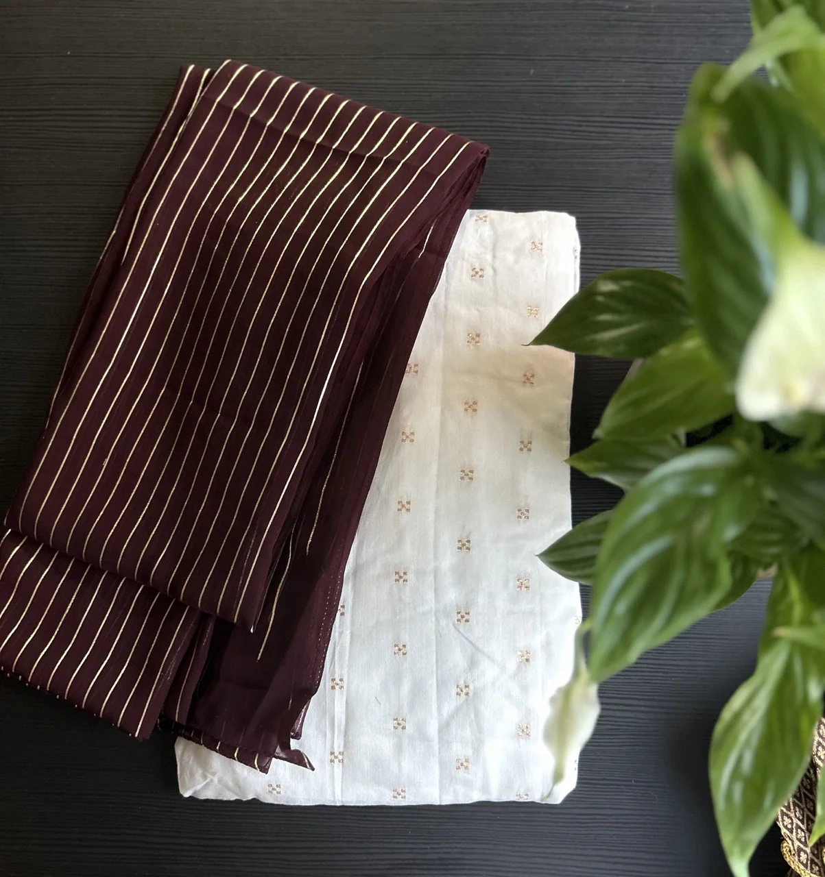 Maroon Brocade Top and White Skirt with Maroon and Gold Striped Shawl (Dhavani) - Image 2